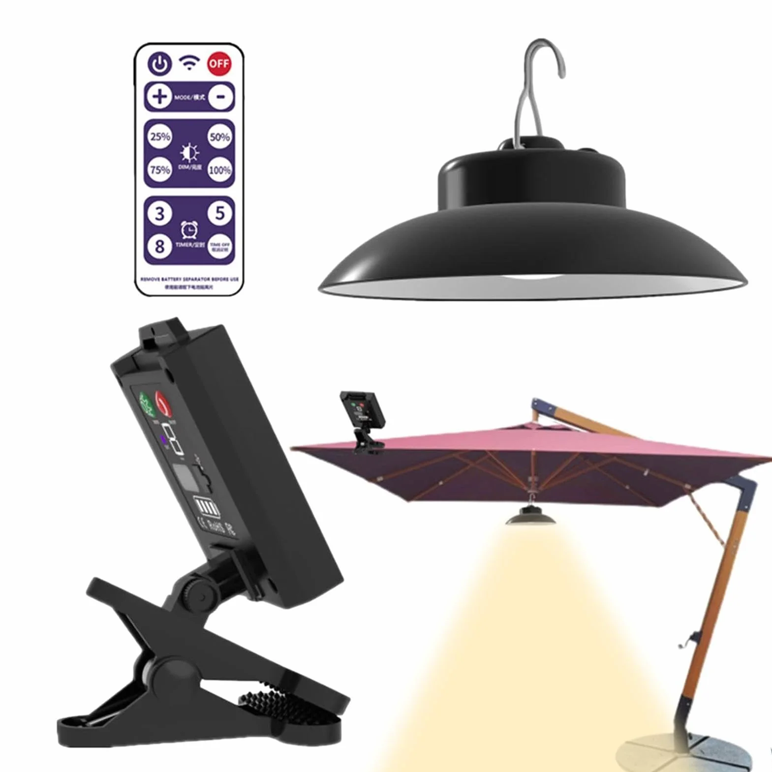 Lampe solaire pour parasol avec télécommande, étanche, LED rechargeable, clipser