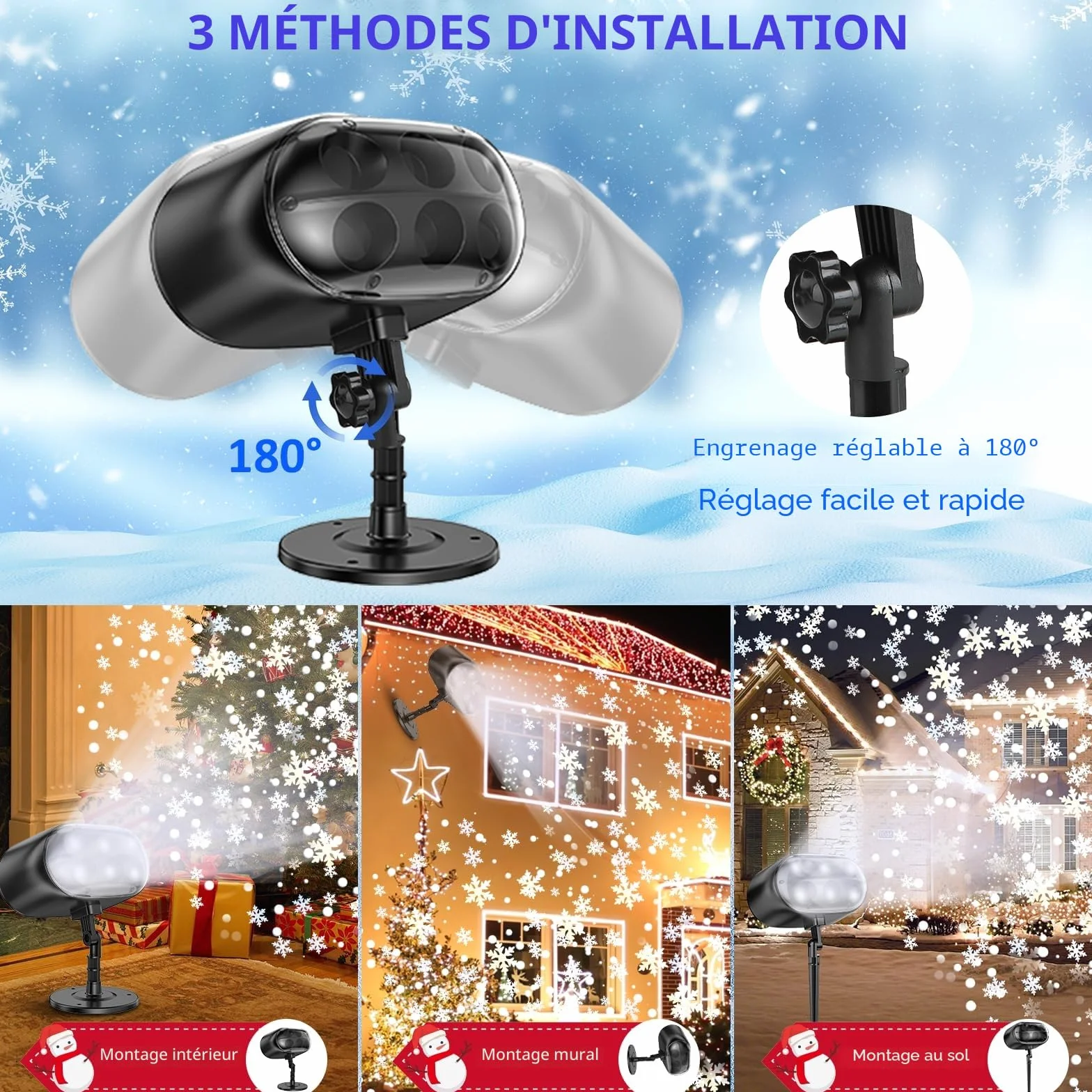 Projecteur de Noël extérieur LED flocon de neige avec télécommande minuterie étanche pour jardin décoration