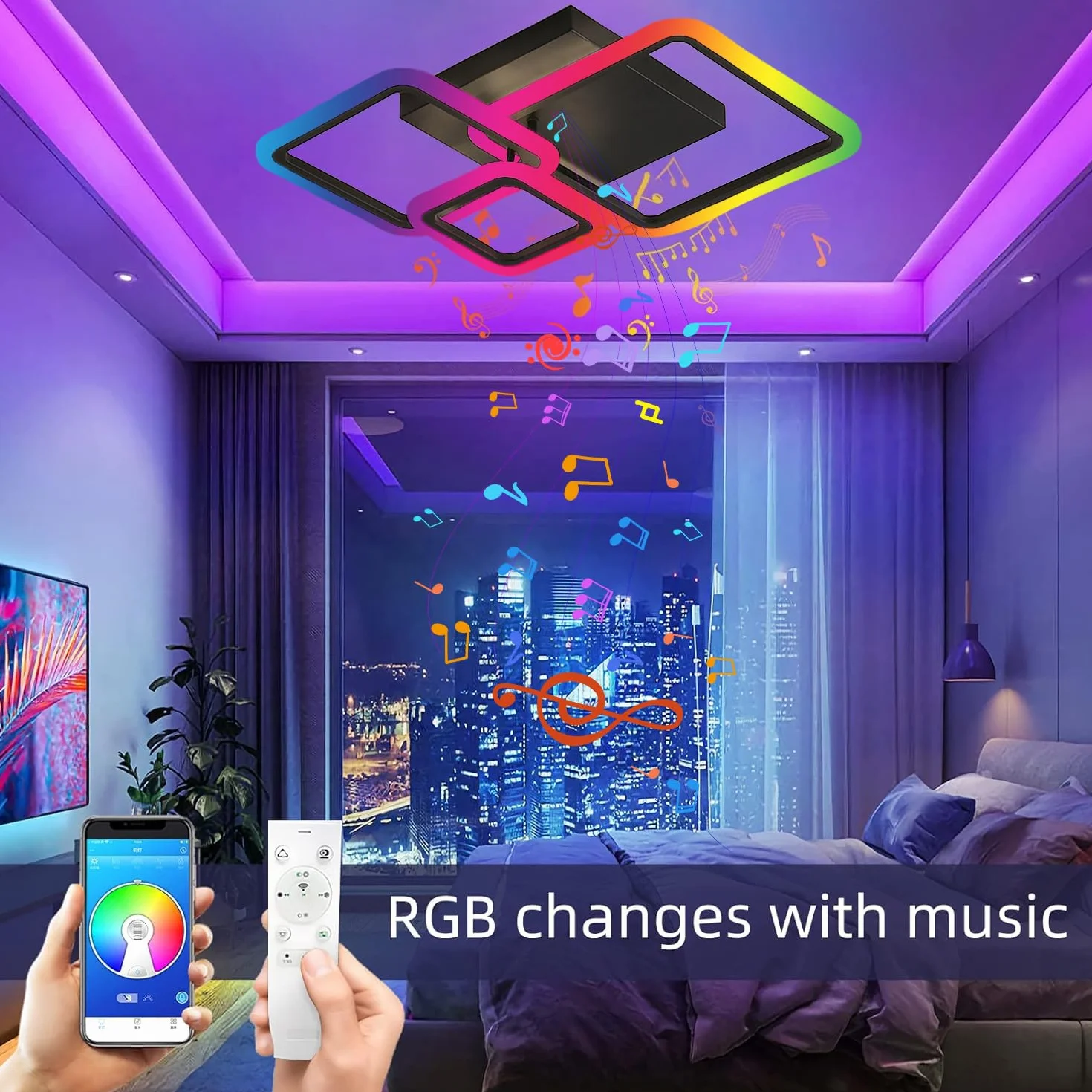 Plafonnier LED RGB 84W avec Haut-parleur Bluetooth Dimmable Lampe de Plafond Carré Moderne