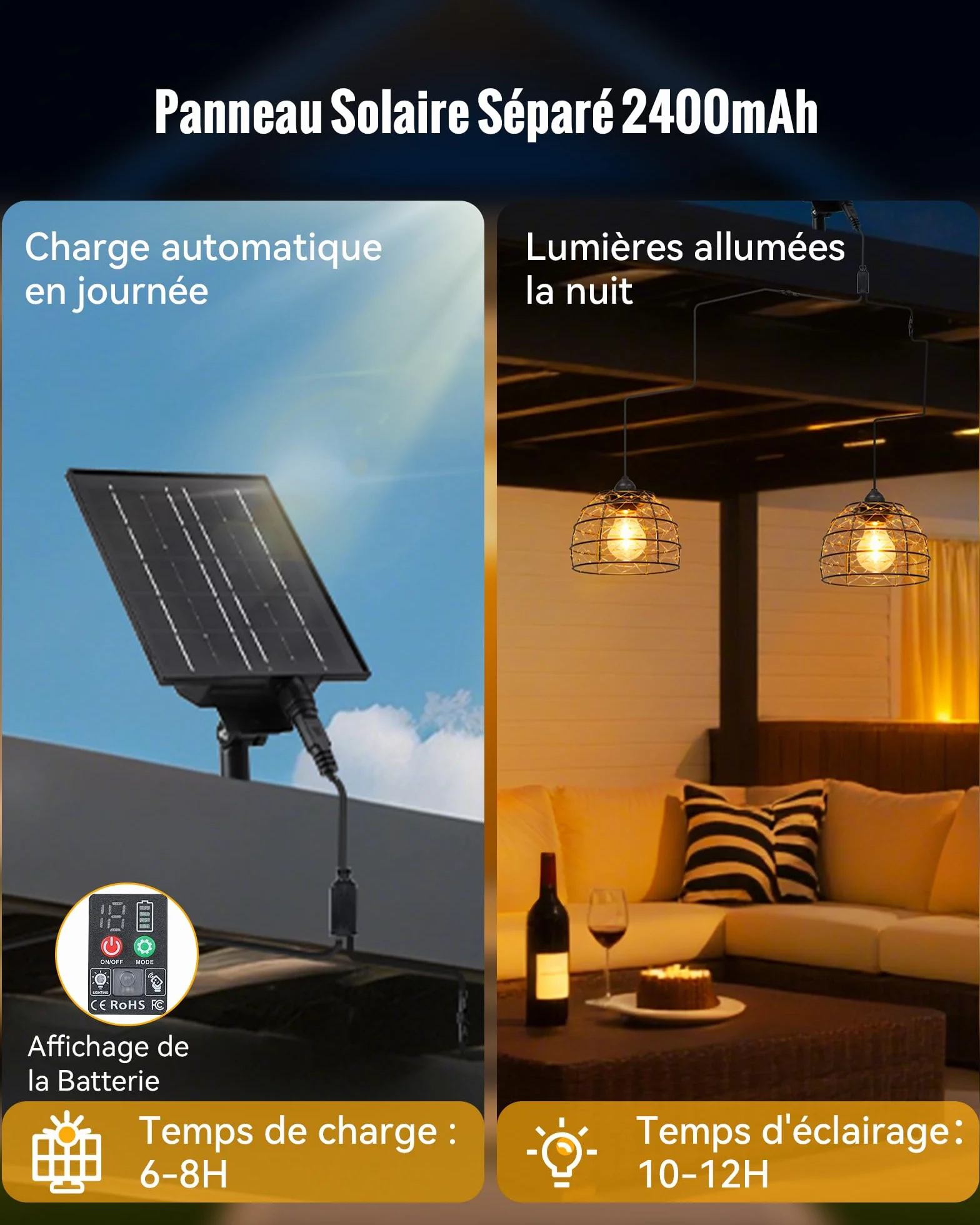 Lampe Solaire Intérieur Extérieur IP65 2 Suspensions Bohème avec Télécommande