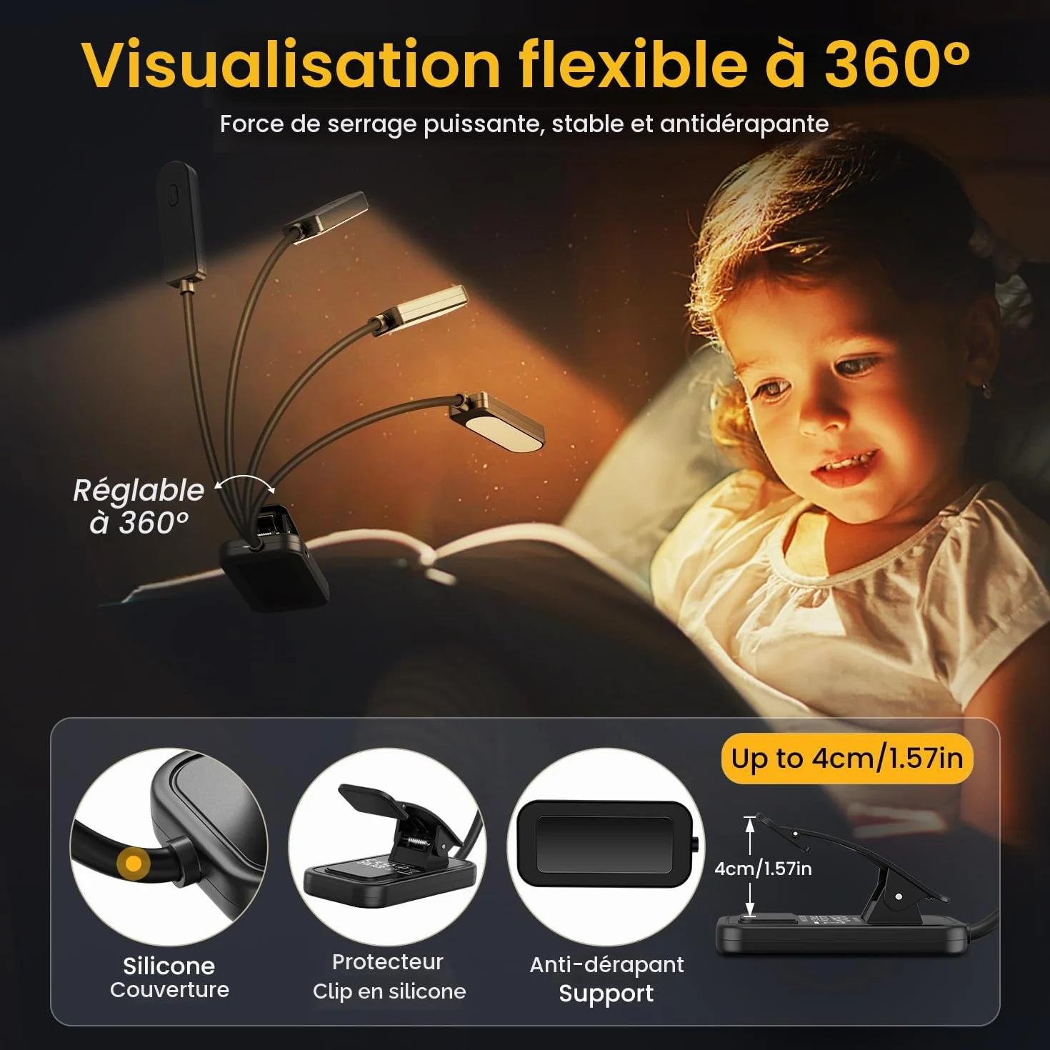 GARITE Lampe de Lecture 10 LED Rechargeable Clip, Gradation 100%-10% 3 Couleurs, Cou Flexible 360°, Lampe Livre Nocturne