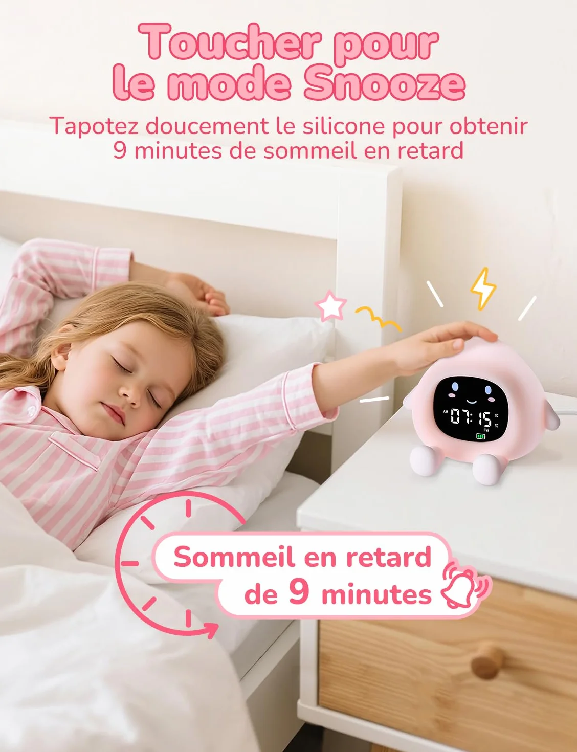 Réveil Enfant Éducatif Jour/Nuit 2 Alarme 7 Couleurs 30s Arrêt Automatique Luminosité Réglable Bruit Blanc 12/24 Heure Snooze 10 Chansons