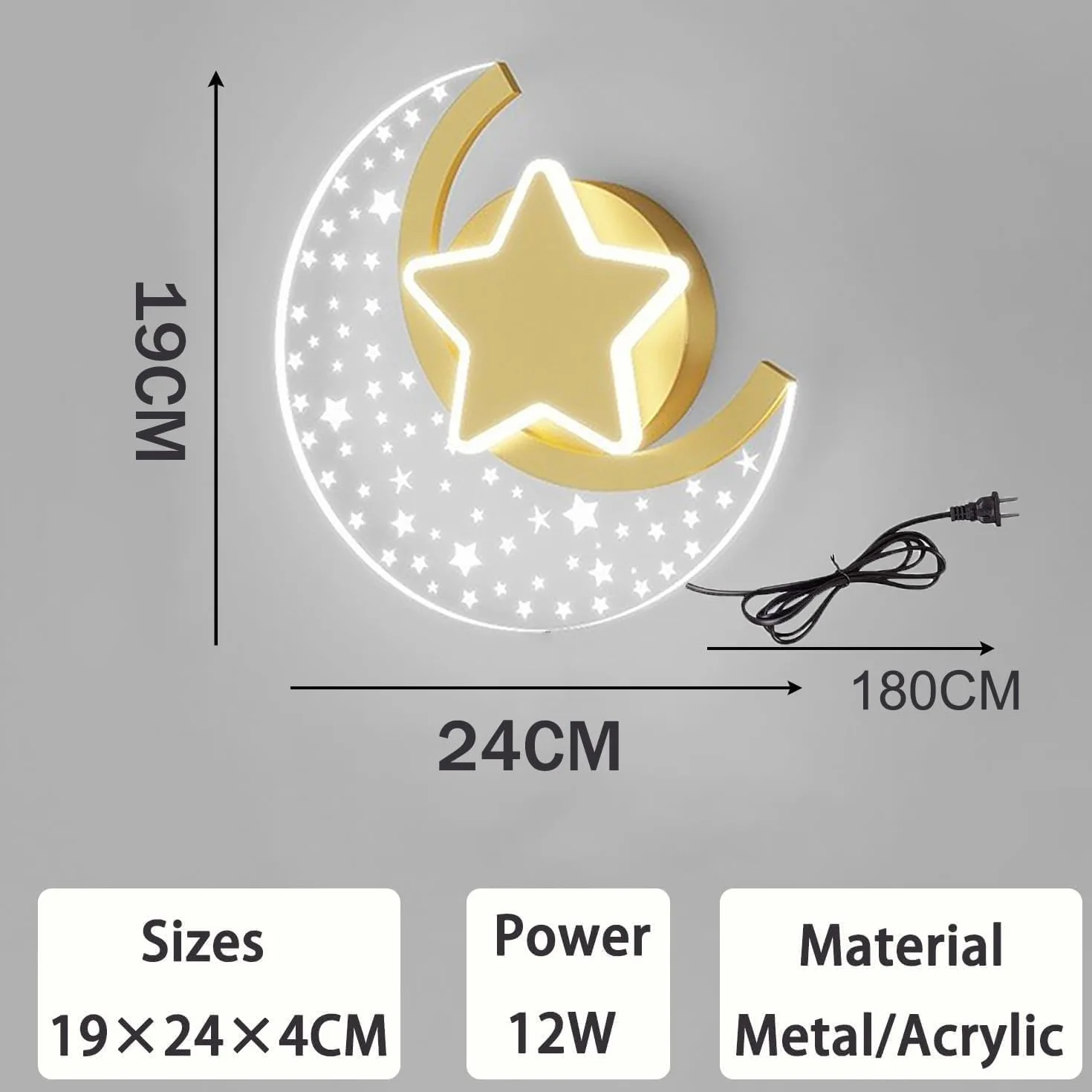 Applique Murale LED Interieur avec Prise Dimmable Lune Contrôle Tactile Lumière Mural Métal Chambre Enfants