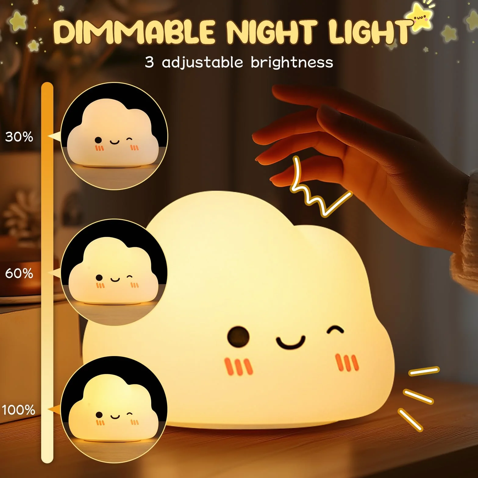 Diboniur Veilleuse Bébé Nuage Rechargeable, 7 Couleurs 3 Luminosité, Lampe de Chevet Enfant