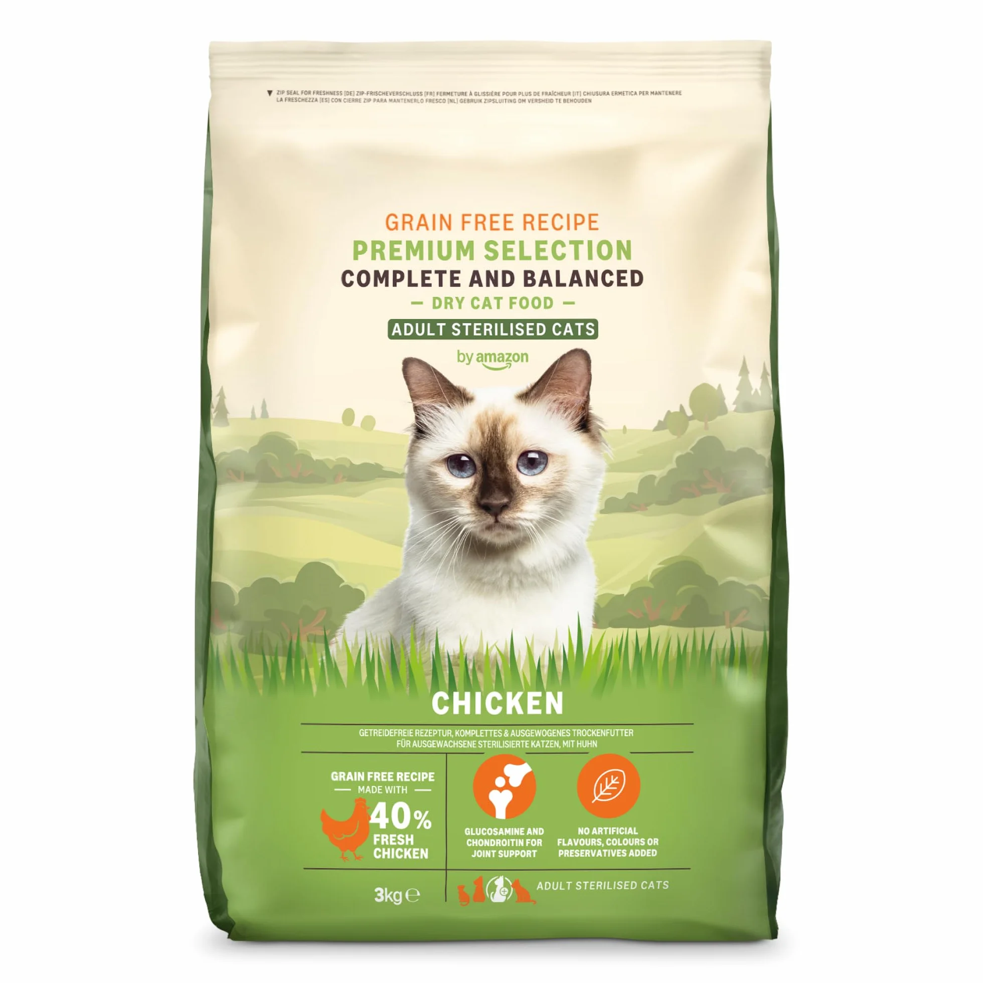 Amazon Aliment pour chat adultes stérilisés sans céréale, viande fraîche de poulet 3 kg
