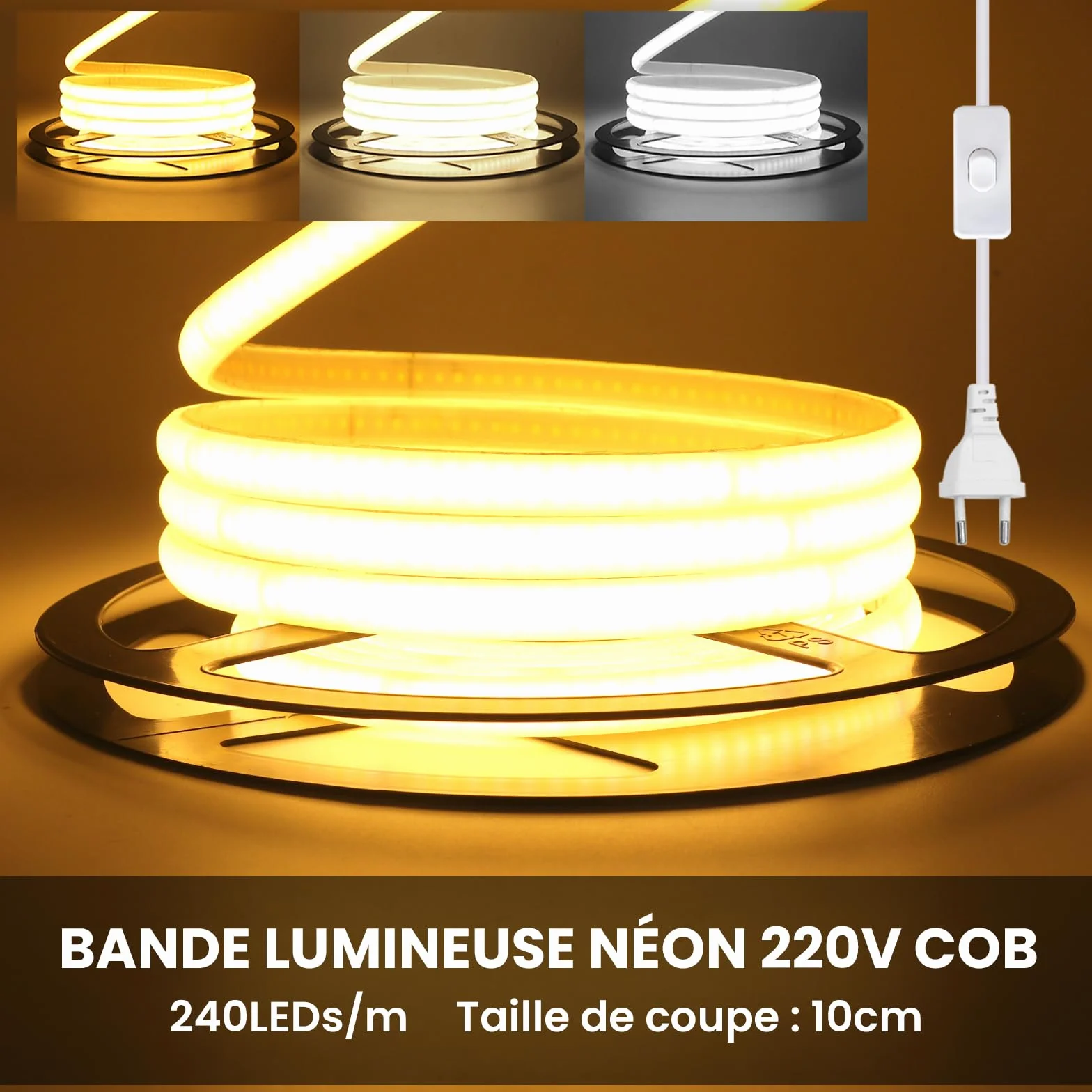 Bande Lumineuse LED COB 240 LEDs/mètre Néon Flex Découpable 220V avec Interrupteur Ruban LED Éclairage Intérieur Extérieur 1M