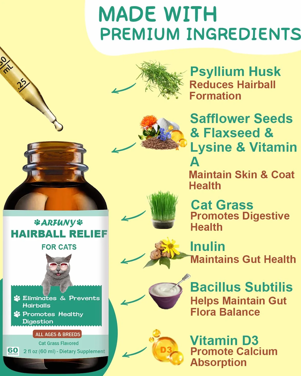 Anti Boule de Poil Chat Gouttes Anticrêpe 60ML avec Catnip et Vitamines