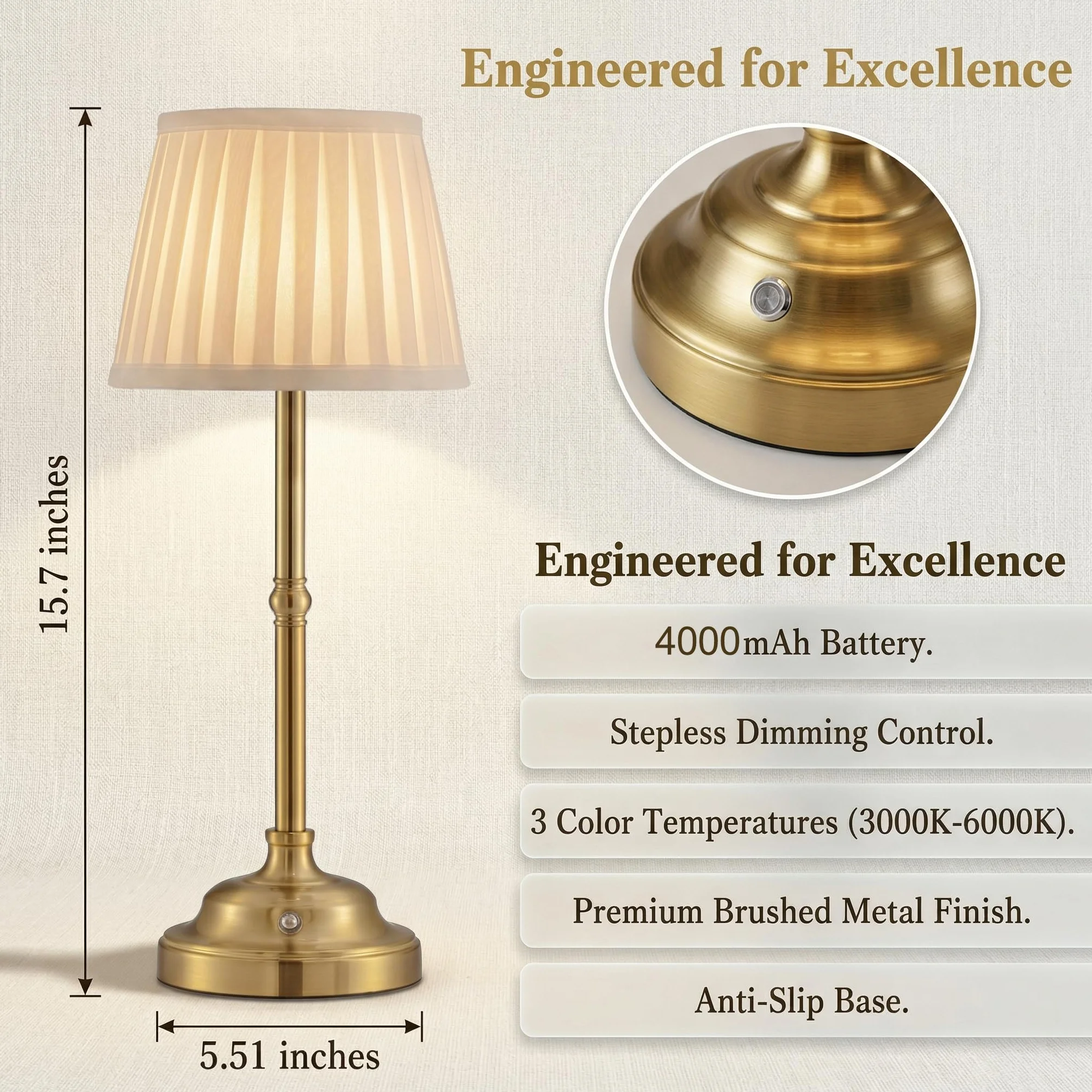Lampe de Table Sans Fil Rechargeable LED, Lampe Chevet Retro Abat-jour Tissu, 3 Couleurs Intensité Variable USB Design Vintage