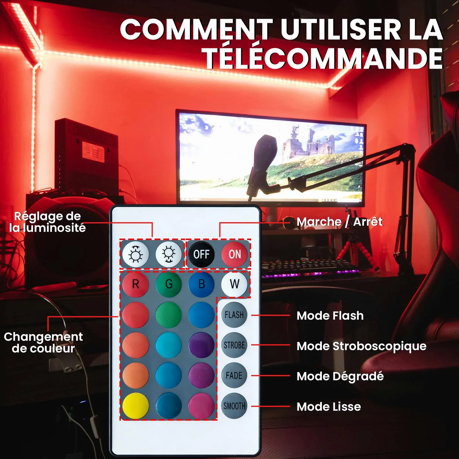 Bande LED à Piles 2M Ruban Lumineux Auto Adhésif Télécommande 24 Touches Dimmable