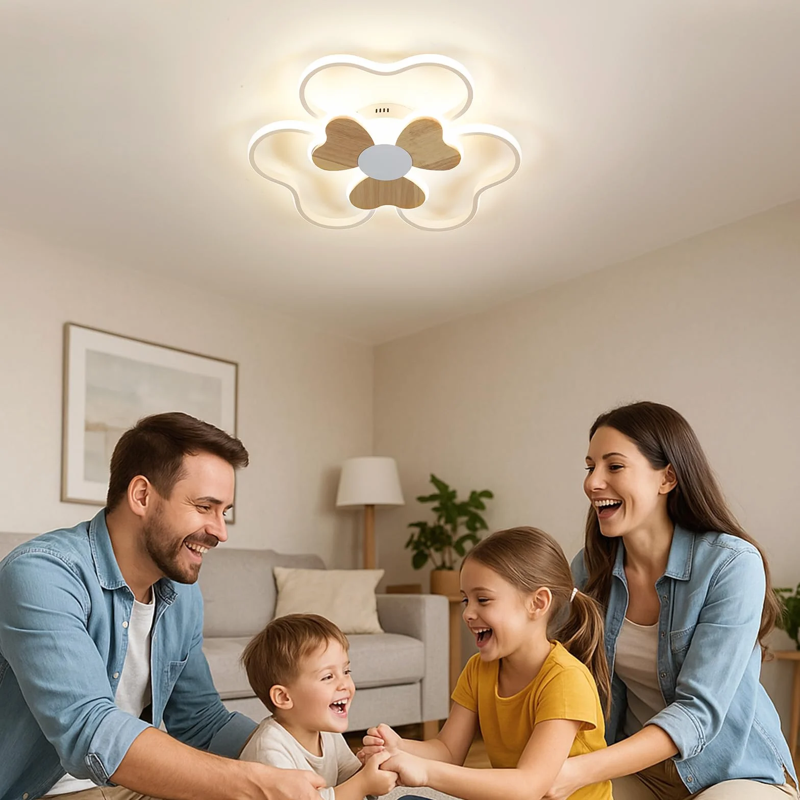 Plafonnier LED 48W 50cm Forme Fleur Bois Dimmable avec Télécommande 3000K-6000K