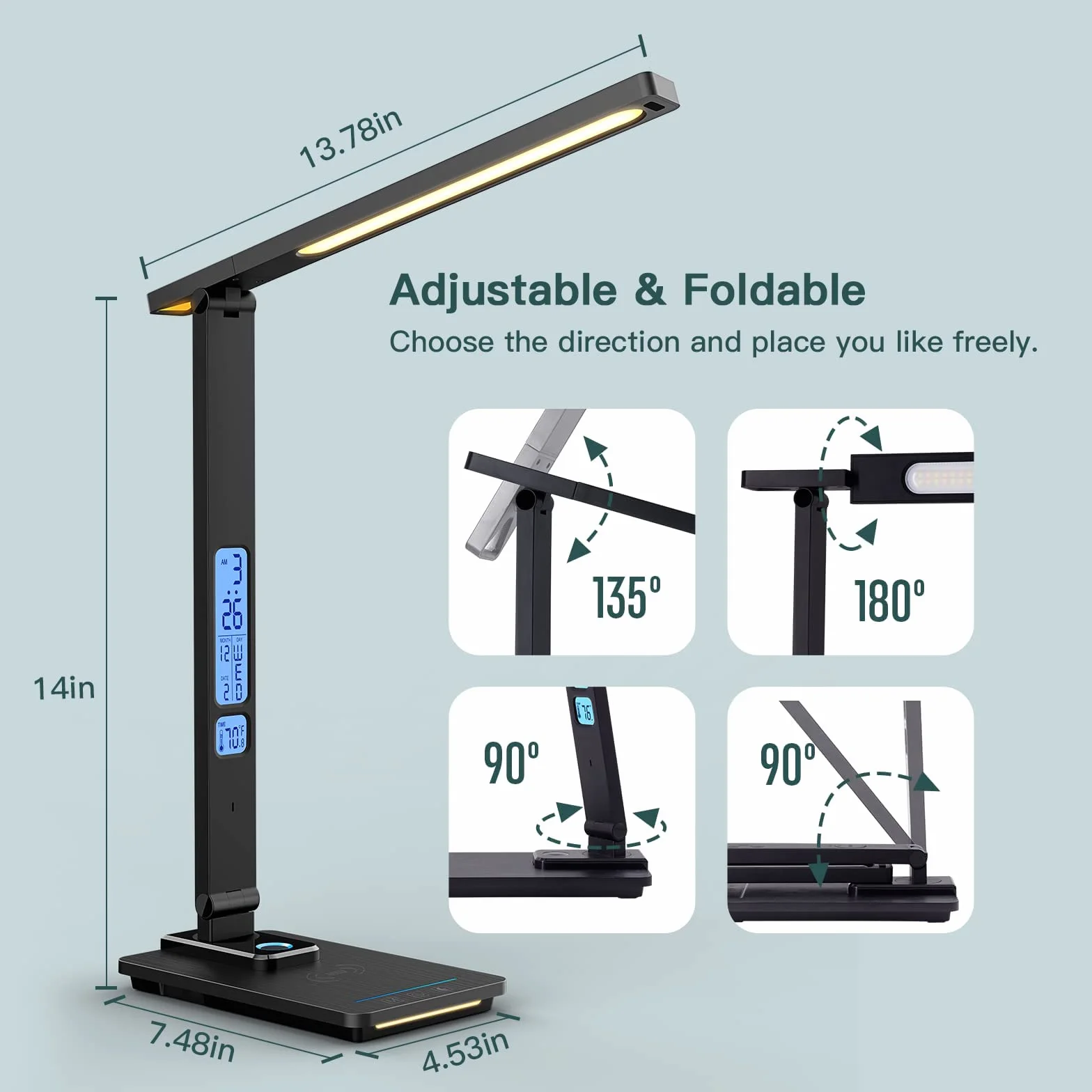 Lampe de Bureau LED Dimmable avec Chargeur Sans Fil 10W, Horloge, Veilleuse, Pliable