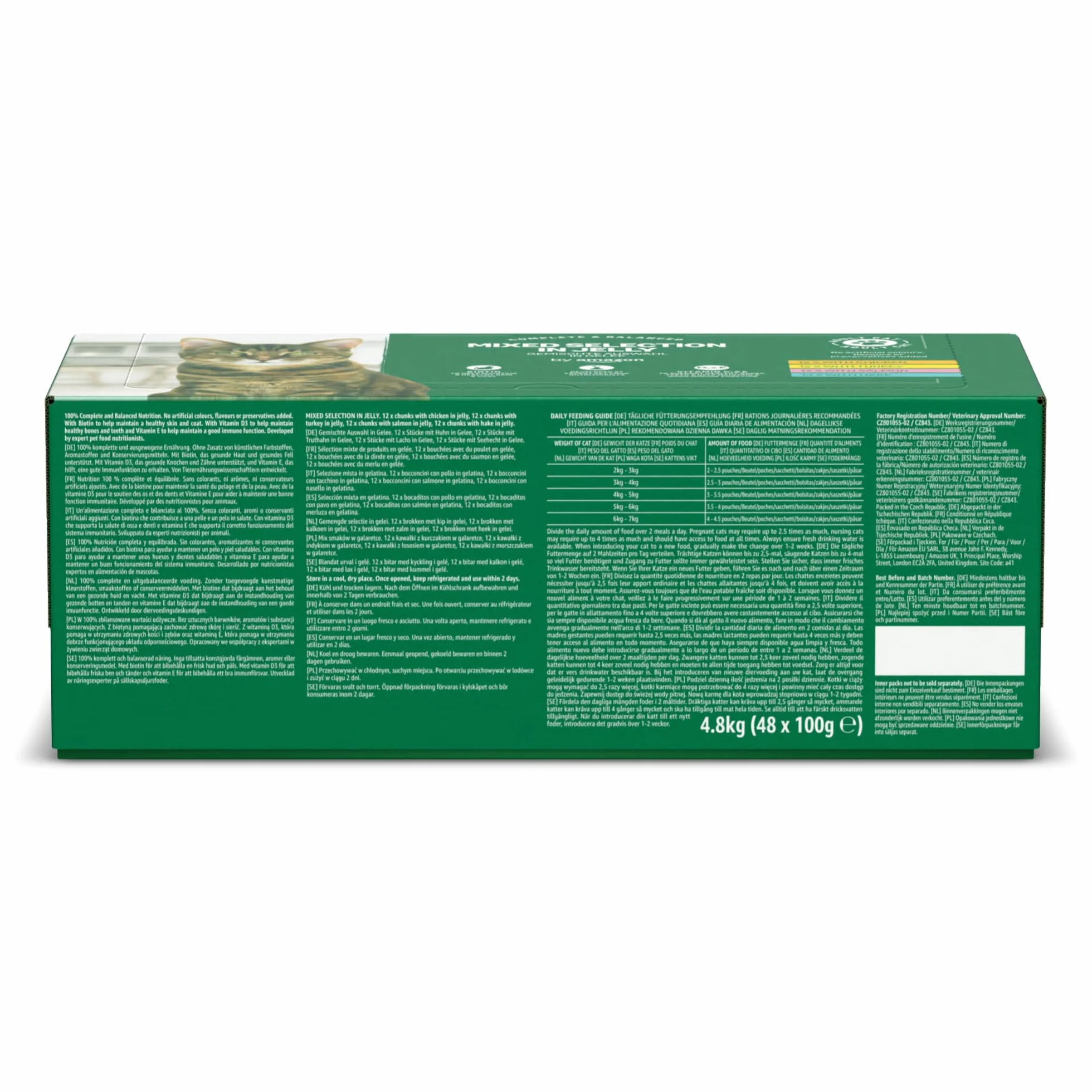 Amazon Nourriture complète sans céréales pour Chats Adultes, sélection variée en gelée, 4,8 kg (48 Paquets de 100 g)