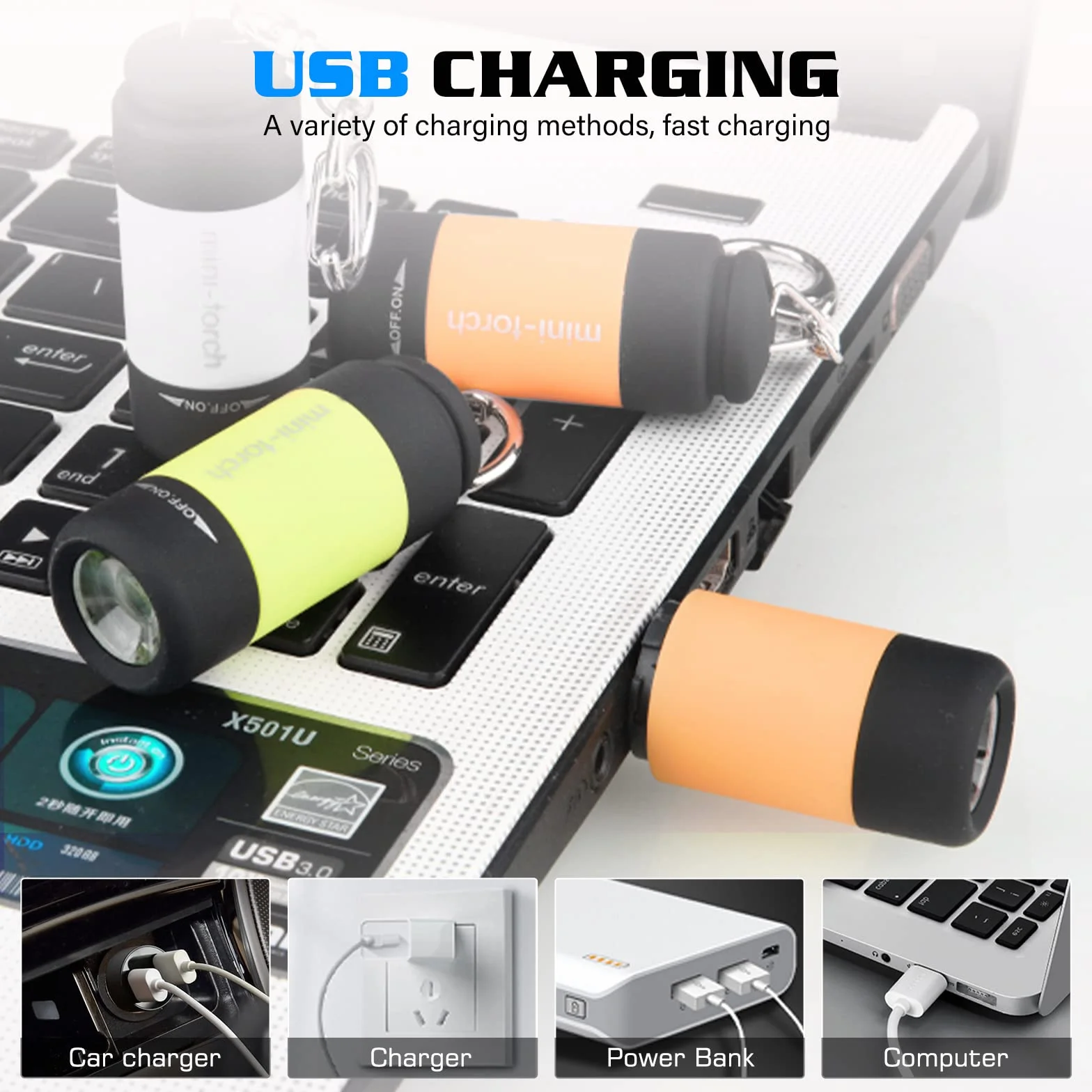 Mini lampe de poche LED rechargeable USB IPX8 étanche pour enfants avec porte-clés, 6 pièces