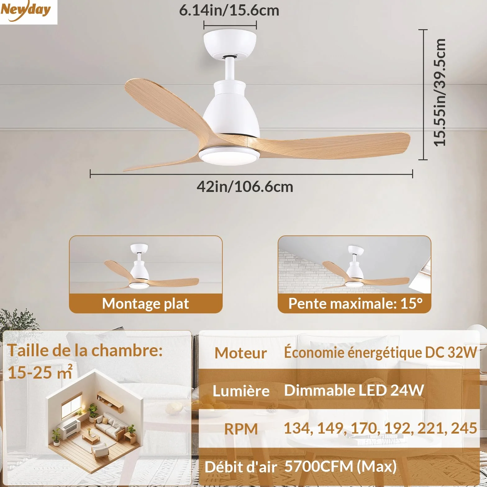 Newday Ventilateur Plafond en Bois 106cm avec Lumiere et Télécommande Silencieux, Moteur DC Réversible, LED Dimmable