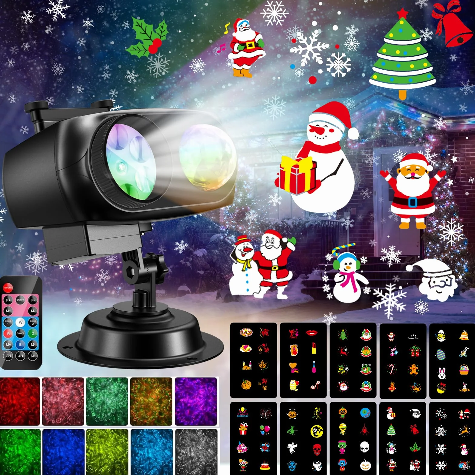 Projecteur de Noël Extérieur LED 8 Motifs 10 Diapositives 10 Couleurs avec Télécommande