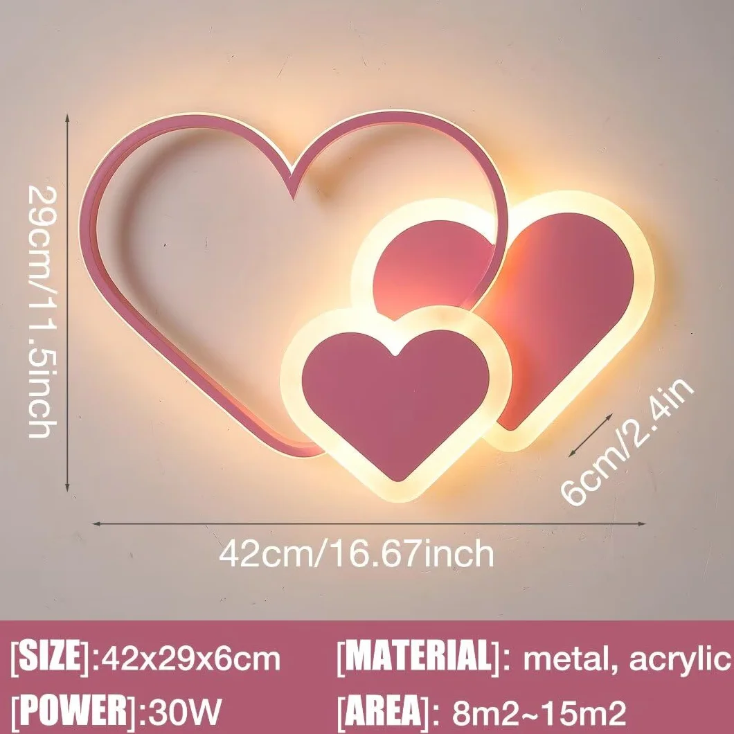 Plafonnier 3D LED Créatif Stéréoscopique Coeurs 30W Rose Lumière Chaude