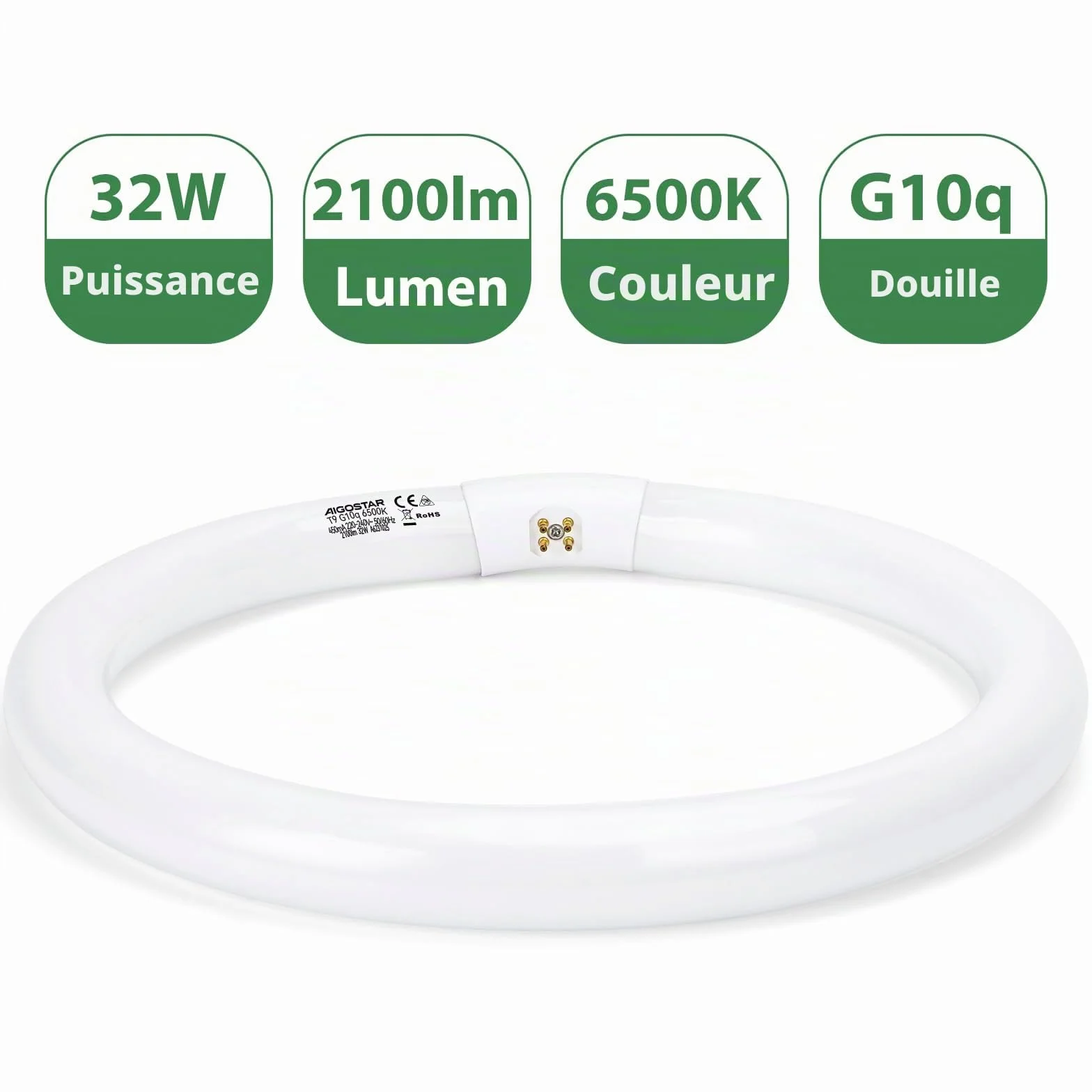 Aigostar Tube fluorescent circulaire T9 32W G10Q Blanc froid 6500K 2100 lumens CRI 80 30cm
