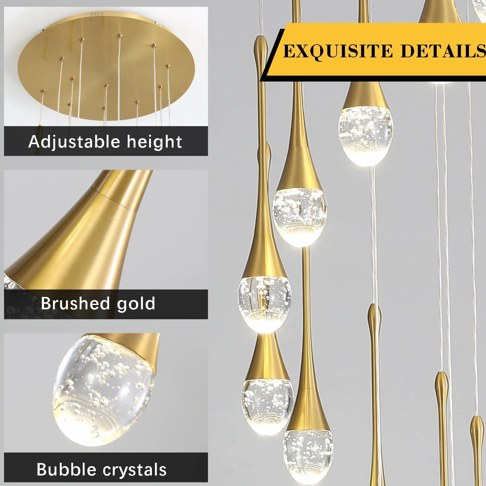 Lustres suspendus en cristal à 12 lumières dorées en forme de goutte de pluie 120 '' / 305 cm de haut Foyers d'entrée Lustres d'entrée StaircaseBig Crystal Bubble 3000-6000K Dimmbale LED Luminaires