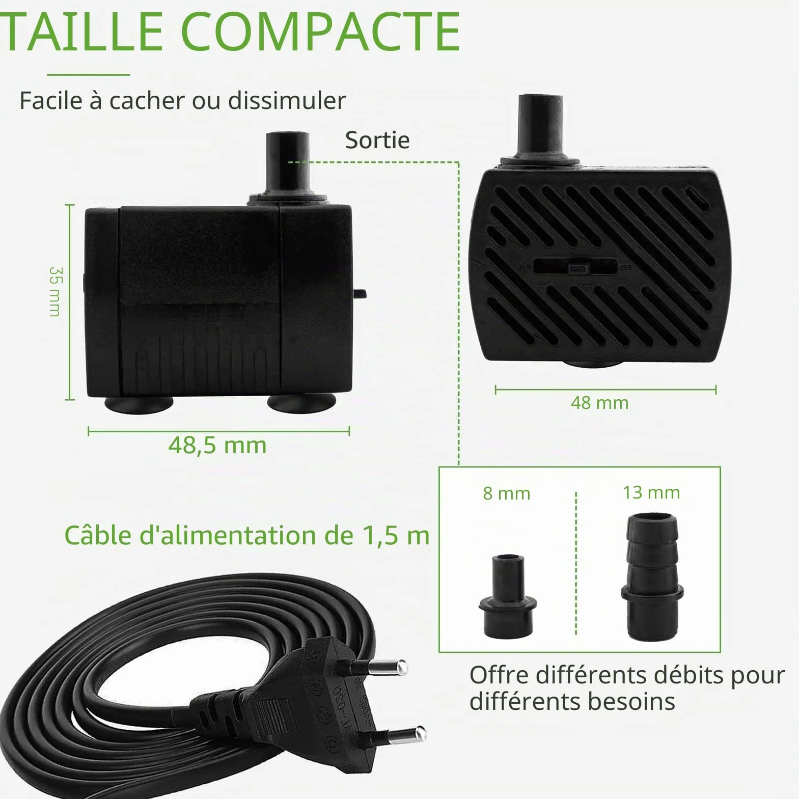 Pompe à eau aquarium silencieuse 350 L/H 5 W avec câble 1,5 m 2 buses fontaine