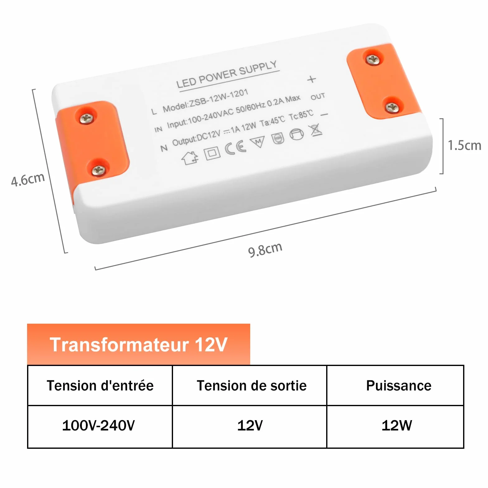 Transformateur 220V 12V LED 12W, Convertisseur AC DC pour G4 GU5.3 MR11 MR16