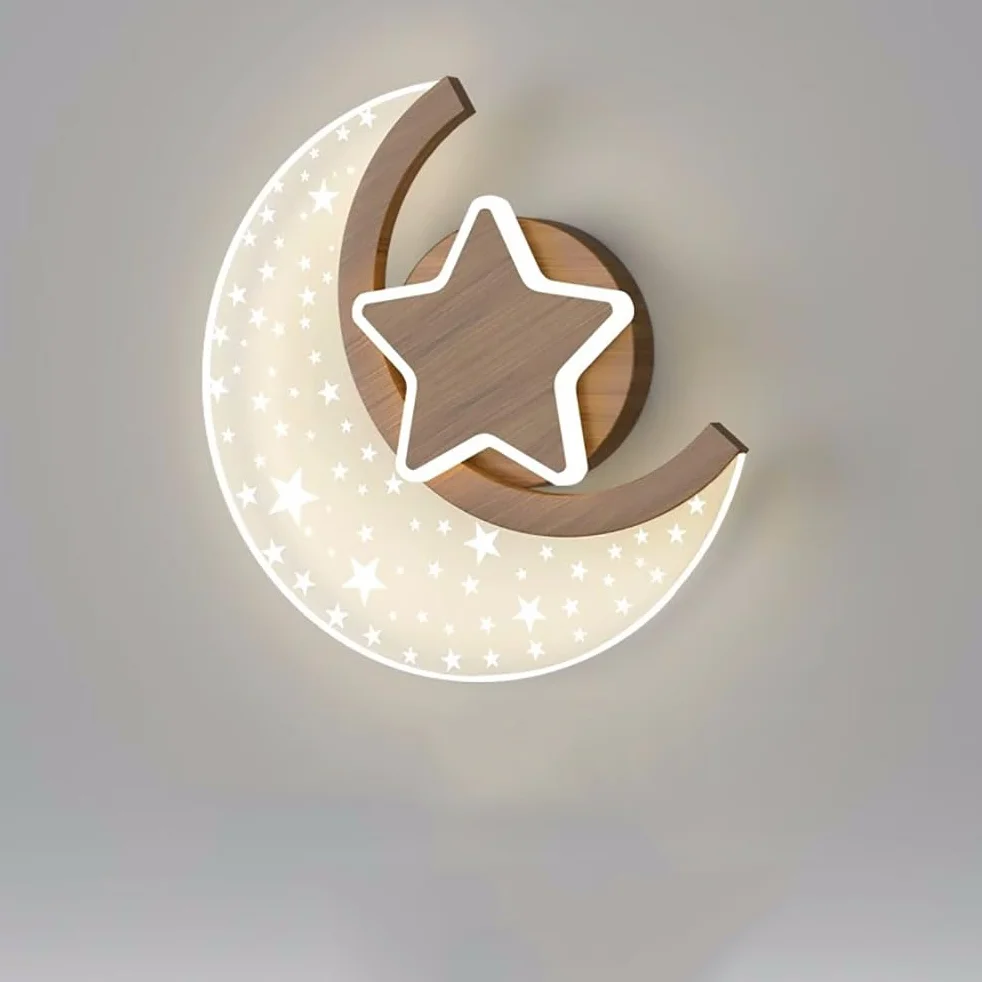 Applique LED Lune Bois 12W Lampe Murale Enfants Etoiles et Lune 3 Couleurs Température Chambre à coucher