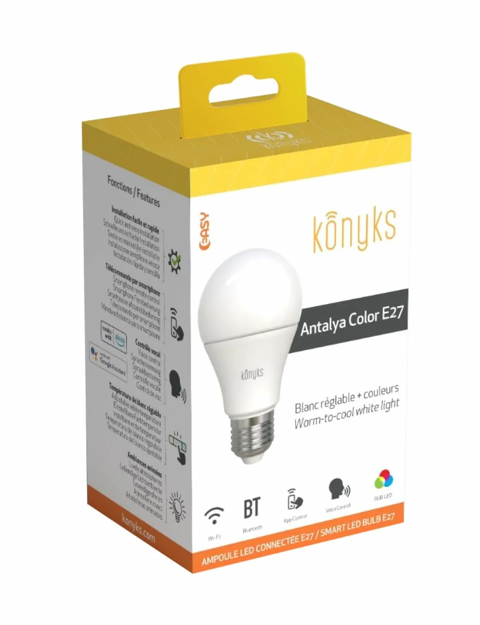 Konyks Ampoule connectée Antalya Color E27 LED WiFi BT 1055 Lumens 11 W Couleurs Blanc réglable compatible Alexa Google Home