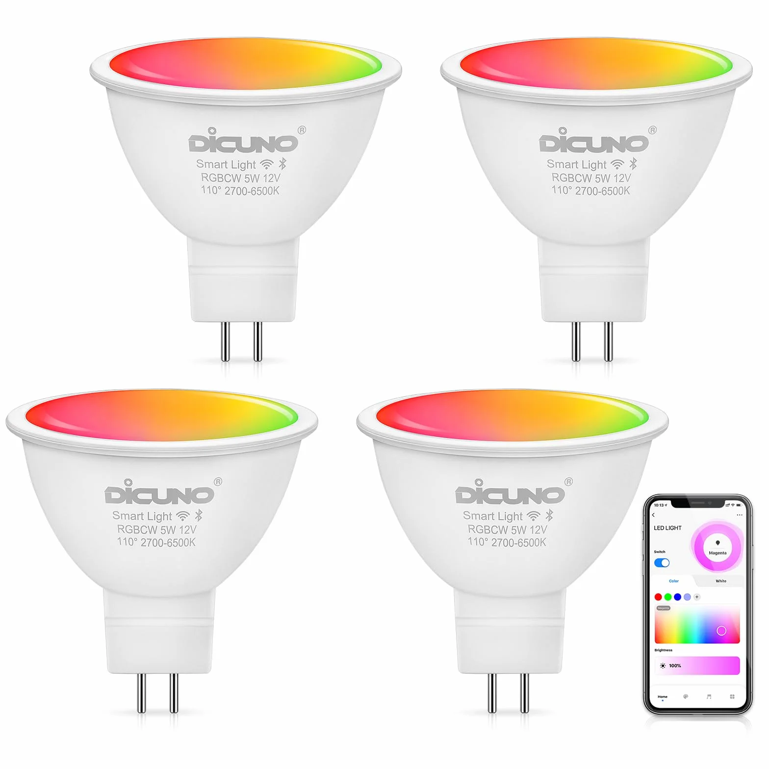DiCUNO Ampoule Connectée LED GU5.3 MR16 WiFi Intelligente Compatible Alexa Google Home 12V 5W Dimmable 2700K-6500K RGBCW 320LM Sans Hub 4 Pièces