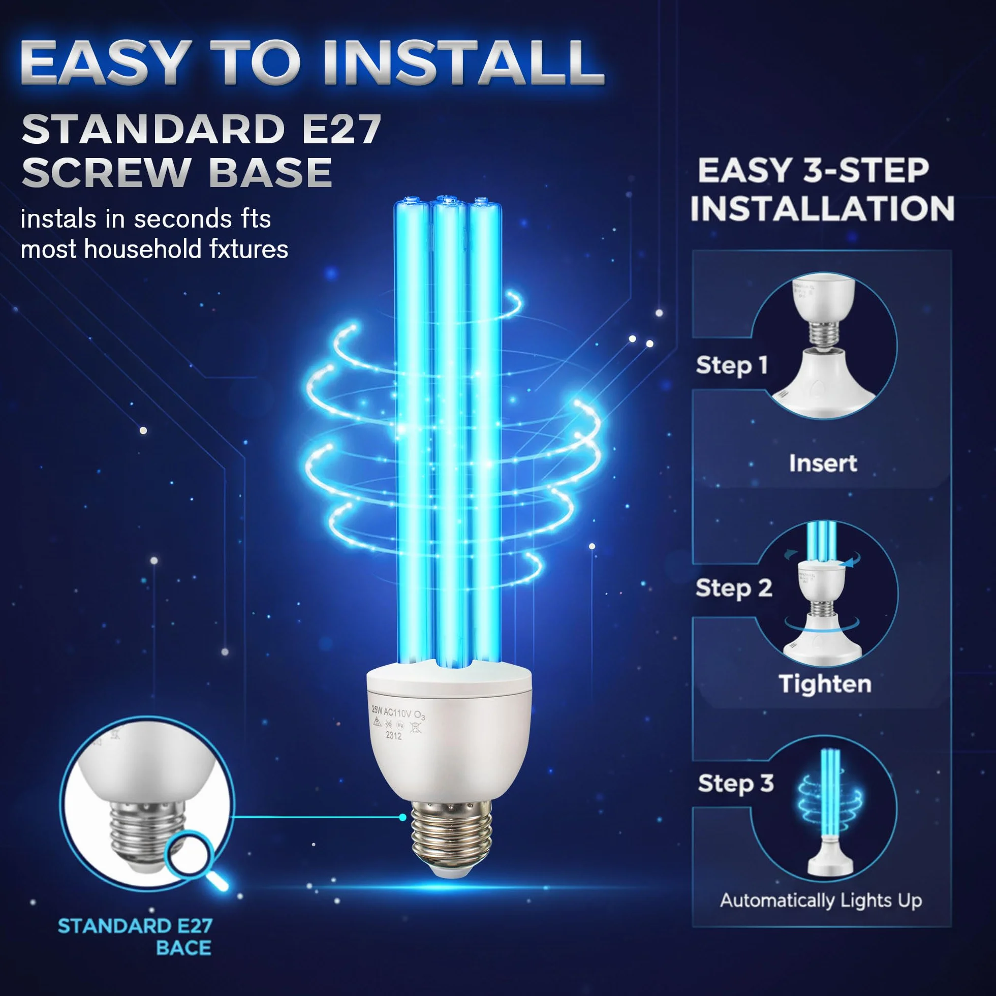 Lampe Germicide UVC 254nm 25W Enhon Ampoule UV Stérilisation 360° 500 Pi² E27 Ozone
