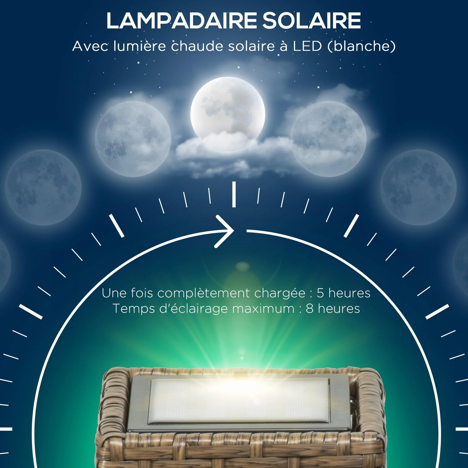 Outsunny Lampadaire solaire extérieur en résine tressée, rechargeable avec capteur, LED, 46 cm, sable