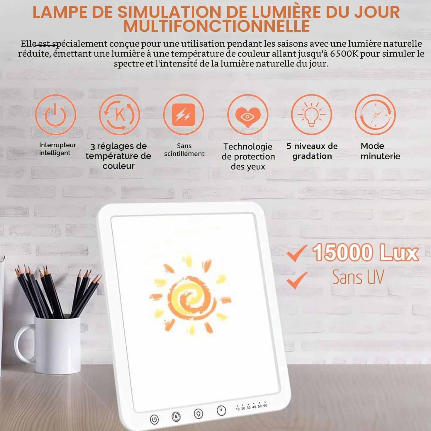 Lampe de Luminothérapie 15000 Lux, Simulation Lumière du Jour, Sans UV, 3 Températures de Couleur, 5 Niveaux de Luminosité, 6 Minuterie