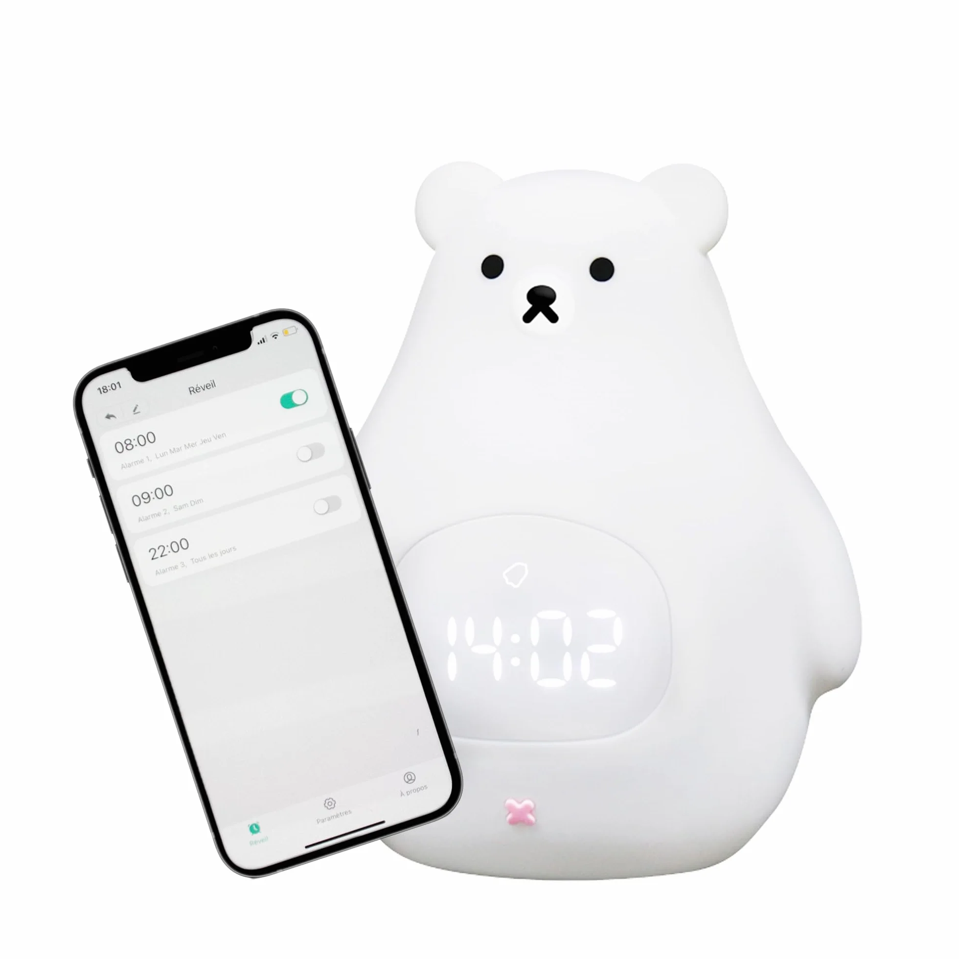 Réveil Enfant Jour/Nuit avec Veilleuse LED Contrôle Appli iOS Android Rechargeable