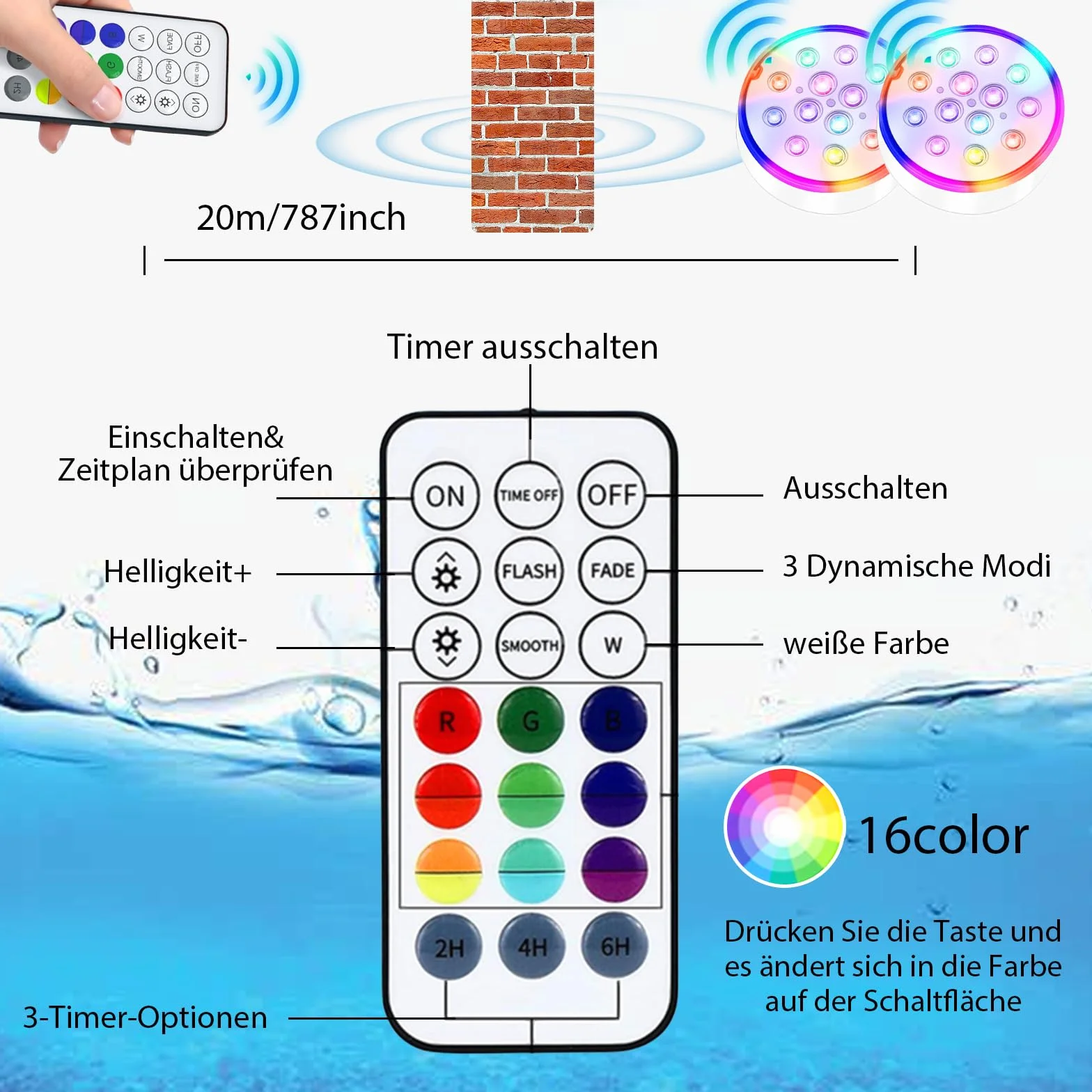 Lumières LED Submersibles Piscine Rechargeables IP68 Étanches Télécommande RF RGB 16 Couleurs 13 LEDs