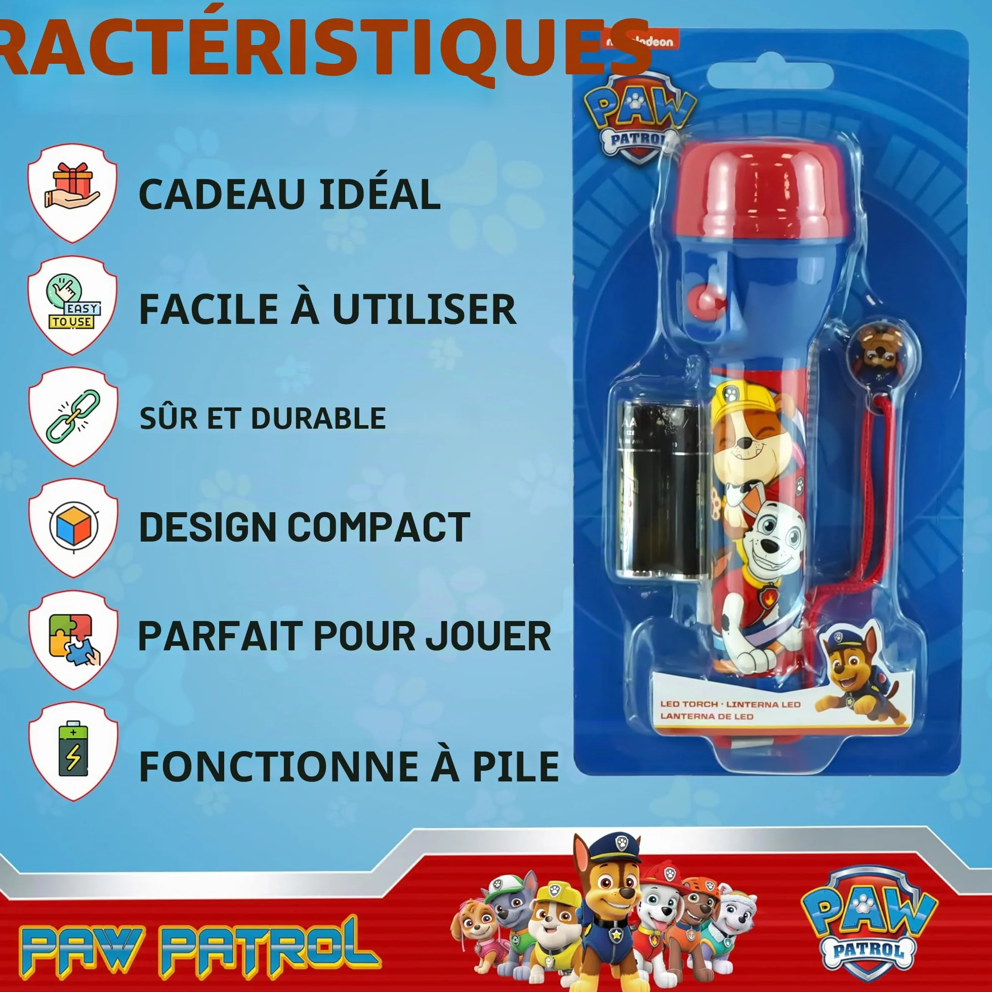 PAW PATROL Grande torche LED pour enfants, veilleuse lumineuse, lampe de poche en plastique jouet cadeau