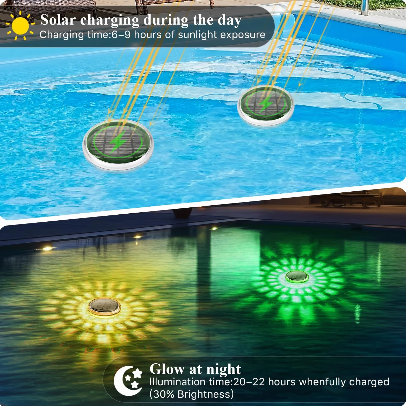 Qoolife Lampe Flottante Solaire pour Piscine Lot de 2 - Lumière Submersible IPX7, 12 Modes de Couleur, Minuterie