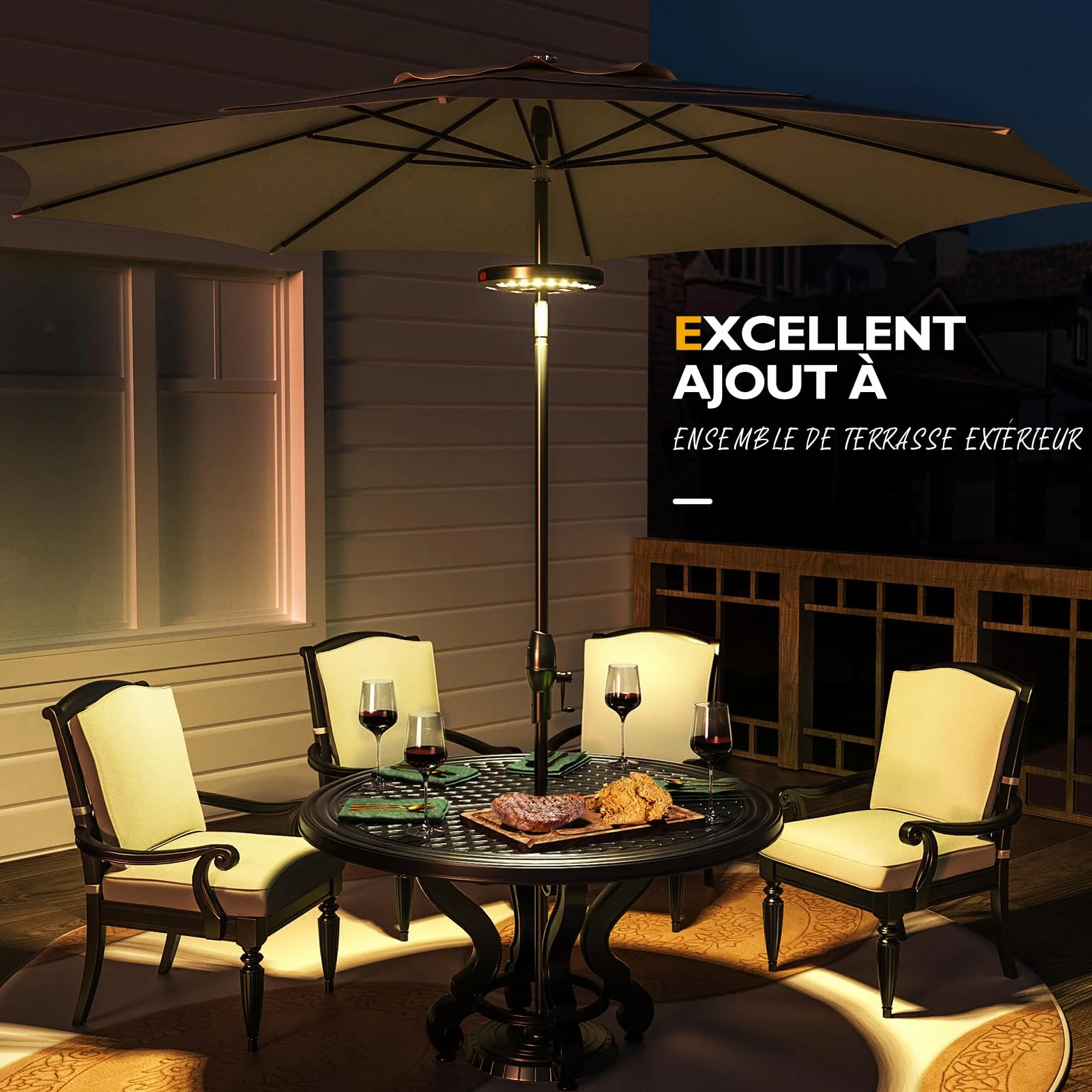 Lampe Parasol Rechargeable 28 LED 3 Modes Haute Luminosité Éclairage Extérieur Jaune