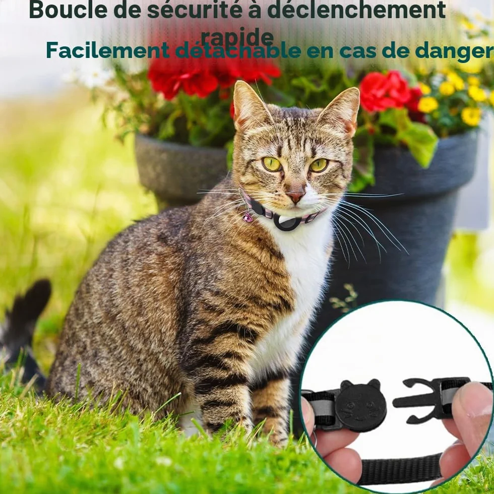 Collier Chat Airtag Anti-étranglement avec Protecteur et Cloche, Large 1 cm, Léger, Noir
