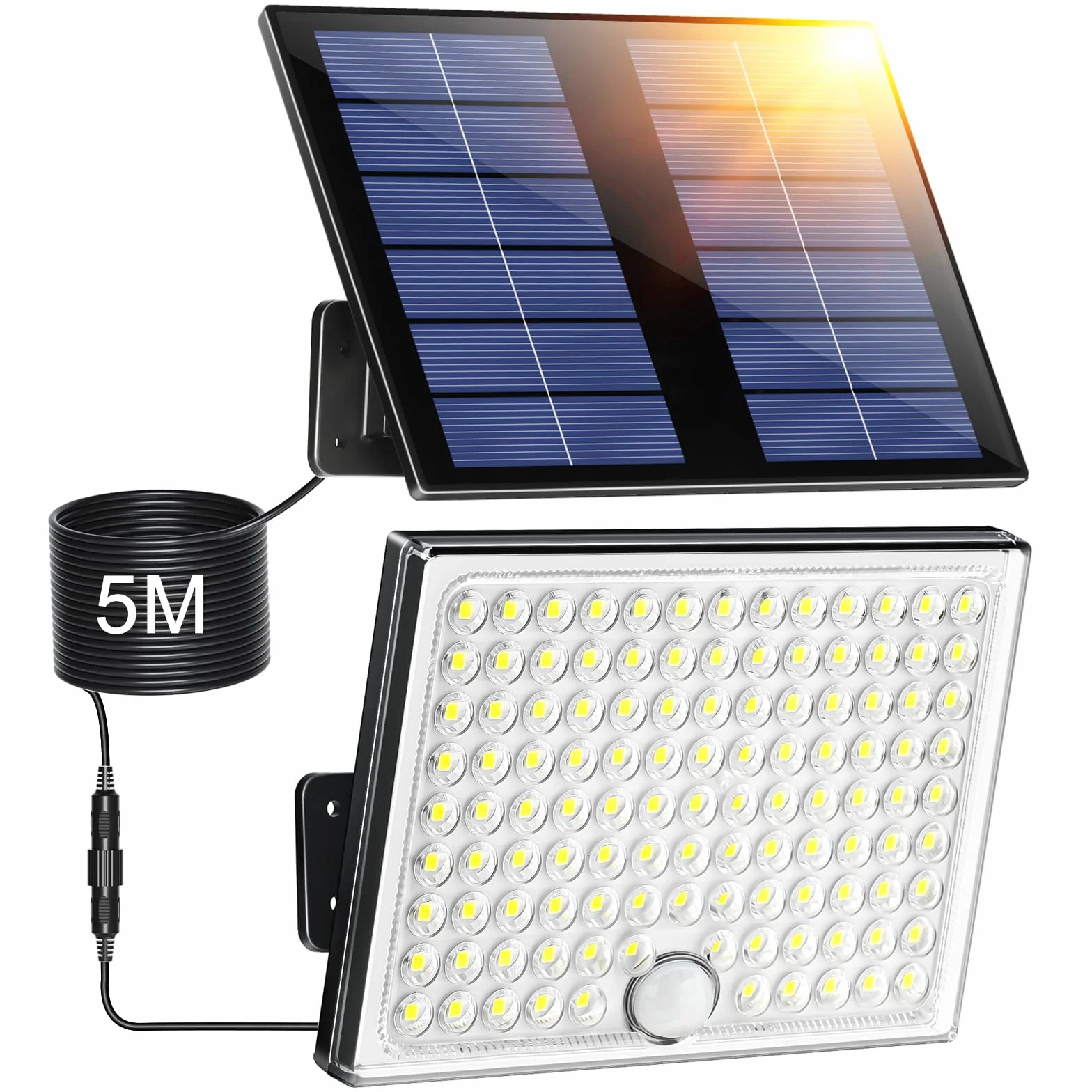 Lampe Solaire Extérieure 113 LED 2000 mAh IP65 Détecteur de Mouvement 4 Modes Étanche Spot LED Jardin Garage 5M Câble