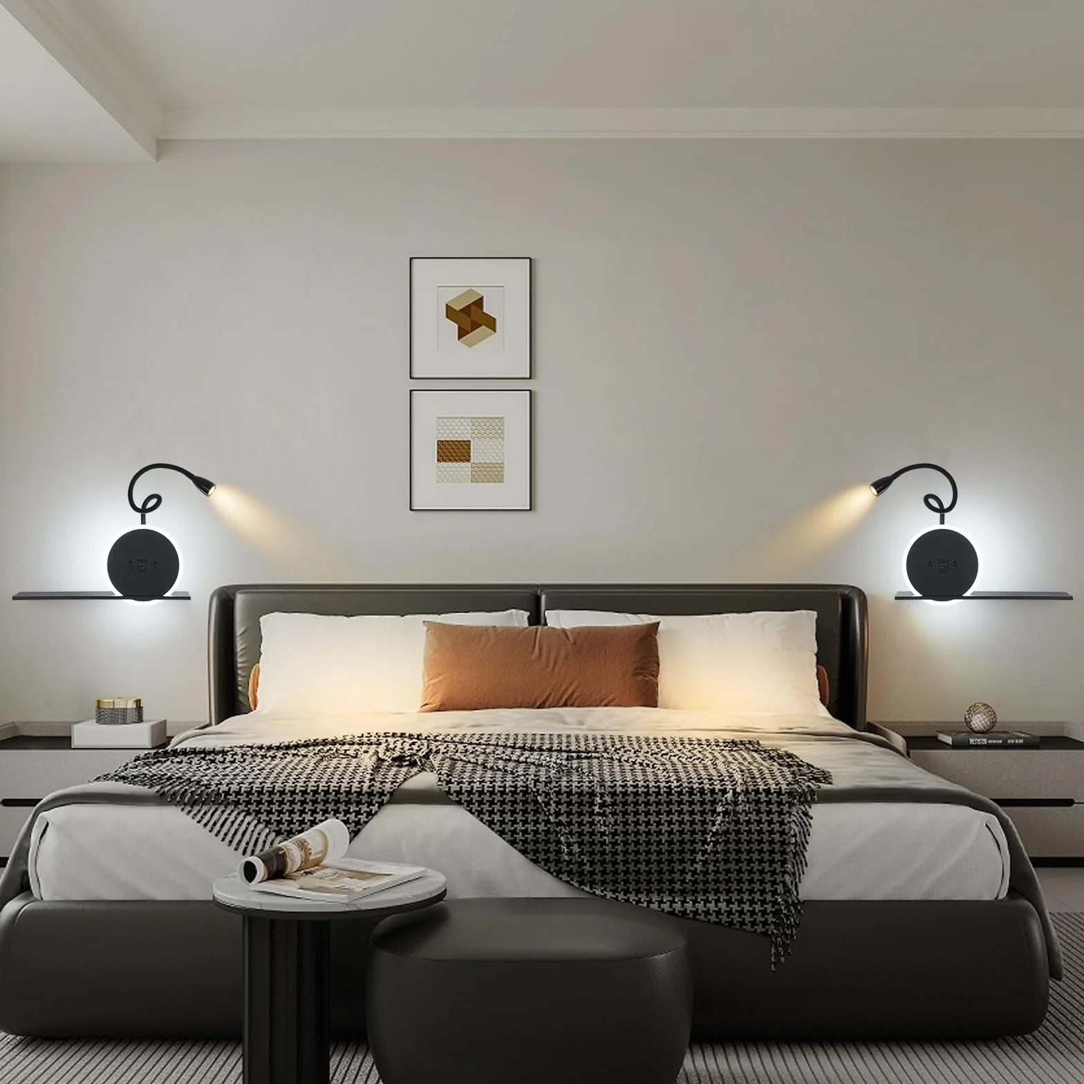 Lampe de chevet LED 2 pièces avec interrupteur, port USB-C, 3W 3000K + 9W 6000K, applique tête de lit noir