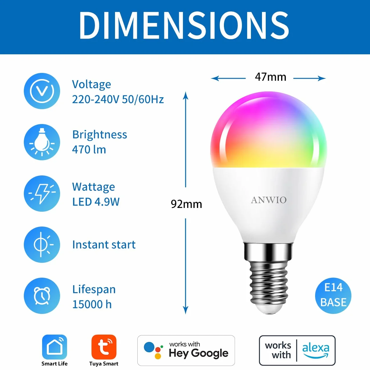 ANWIO Ampoule LED intelligente E14 G45 470 Lm 5W remplace 40W compatible Alexa TUYA Echo Google Assistant
