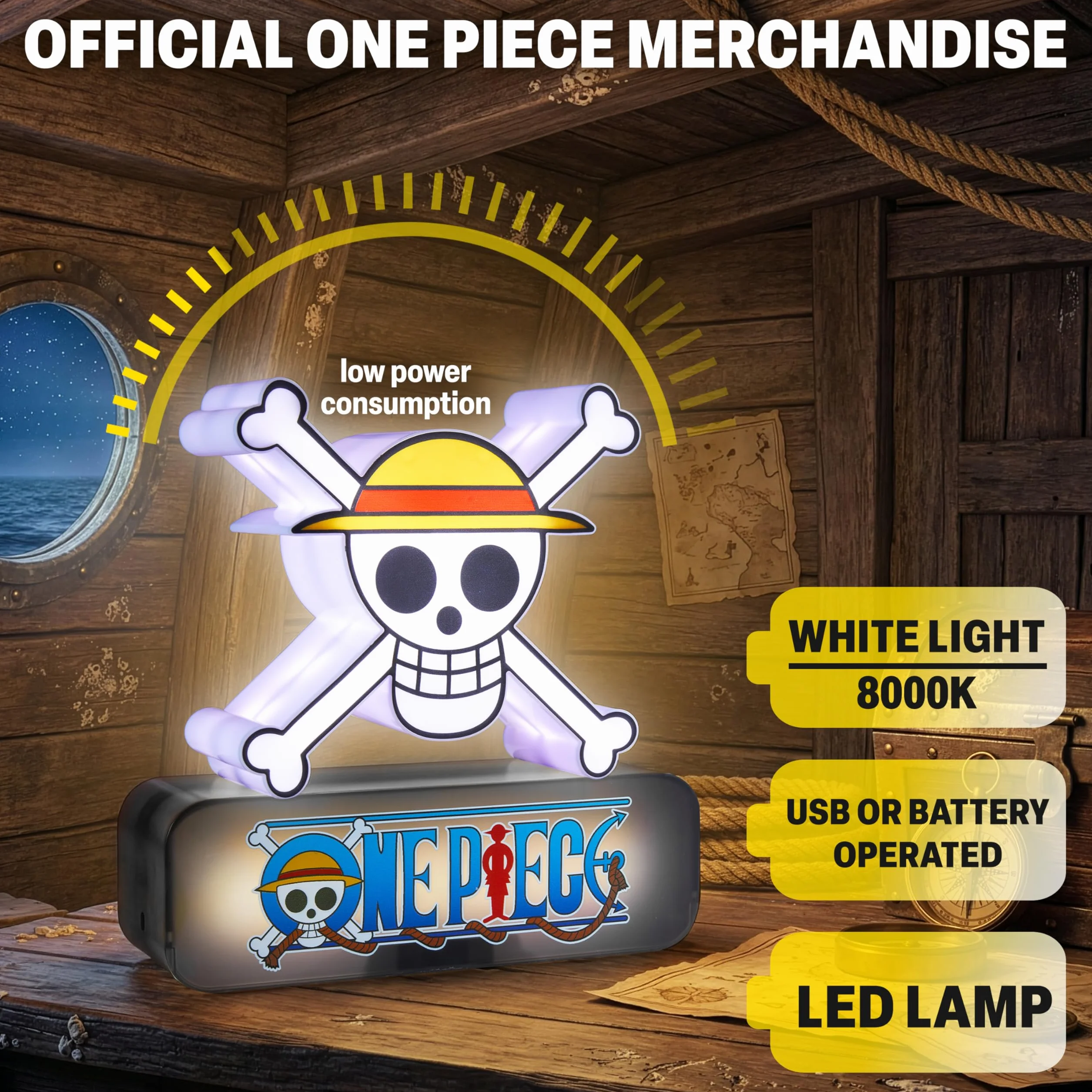 One Piece Skull 3D Lampe LED Table de Chevet 3 Niveaux Luminosité USB C Pile Figurine Manga Veilleuse