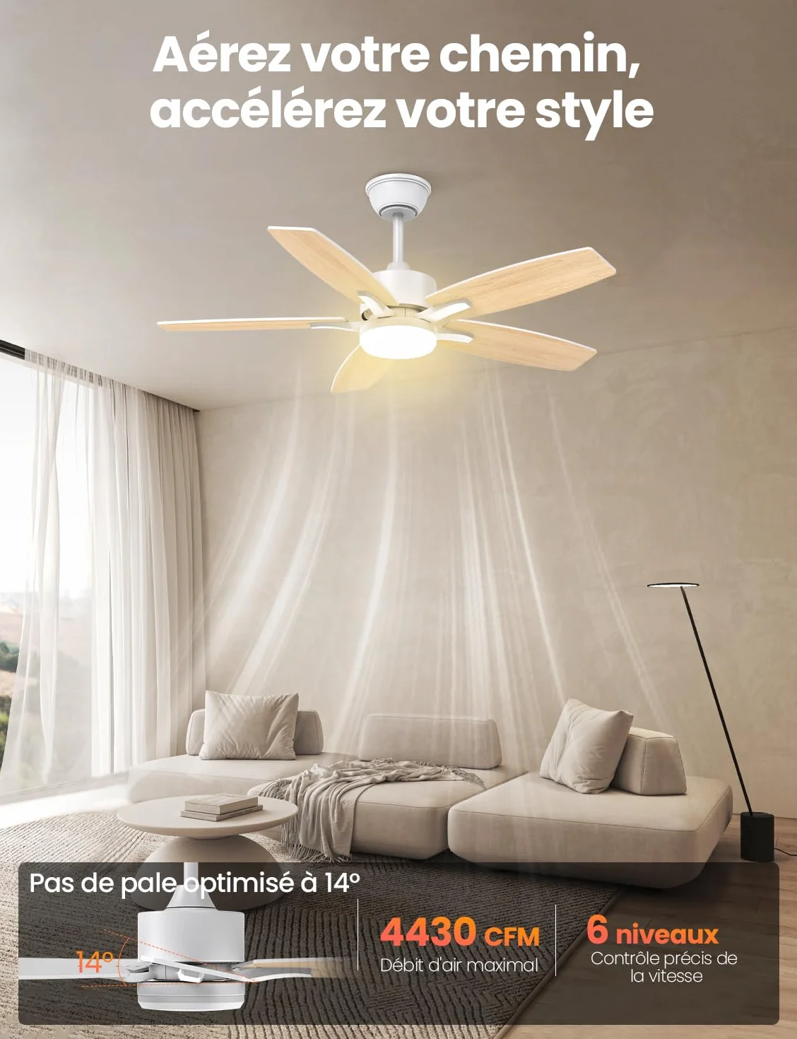 Ventilateur Plafond avec Lumiere et Telecommande, 106cm Dimmable Lampe LED, 5 Pales Bois Clair/Blanc, 6 Vitesses
