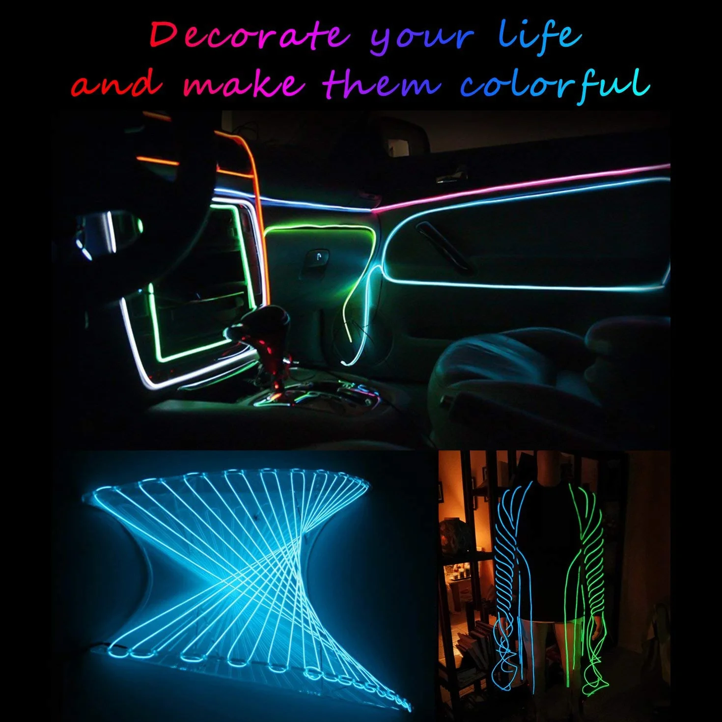Guirlande Lumineuses EL Fil Néon 5x3M 3 Mode Éclairage Fixe Clignotant Stroboscope Tube Fluo EL Wire Fête Mariage