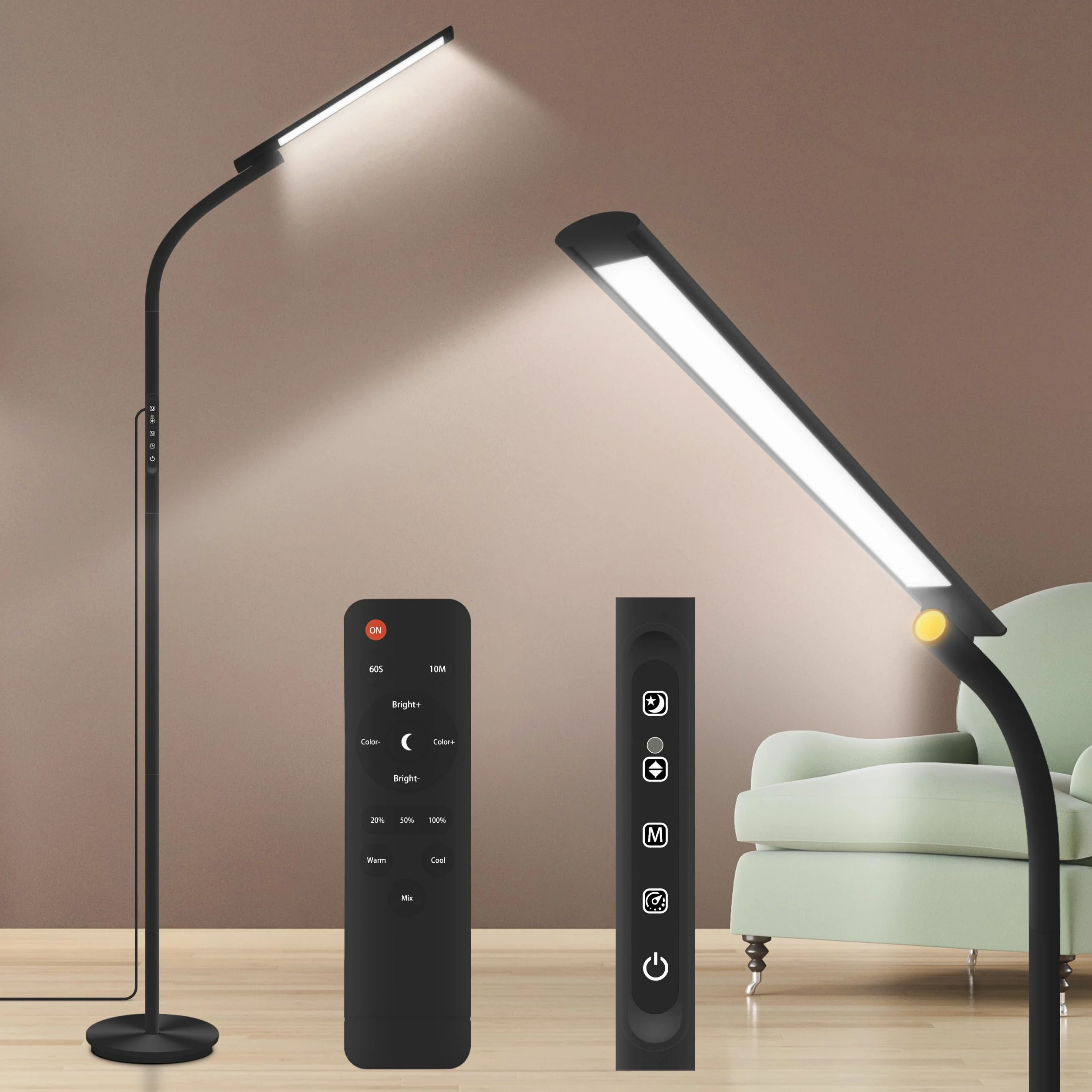 Lampe de Jour 10000 Lux 3 en 1 Sur Pied et Bureau Noir avec Télécommande