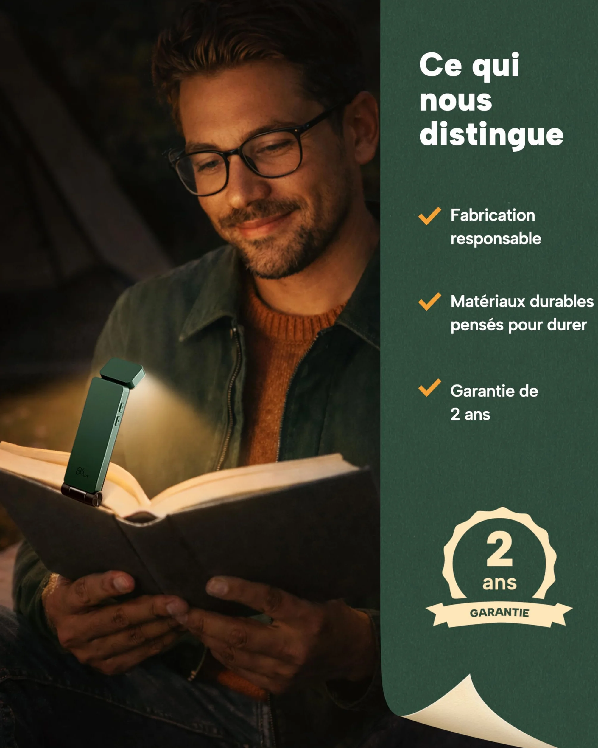 86lux Lampe de Lecture Rechargeable Liseuse LED USB-C, Légère 46 g, Lampe à Pince Marque-Page, 3 Températures de Couleur, 80H Autonomie, Vert