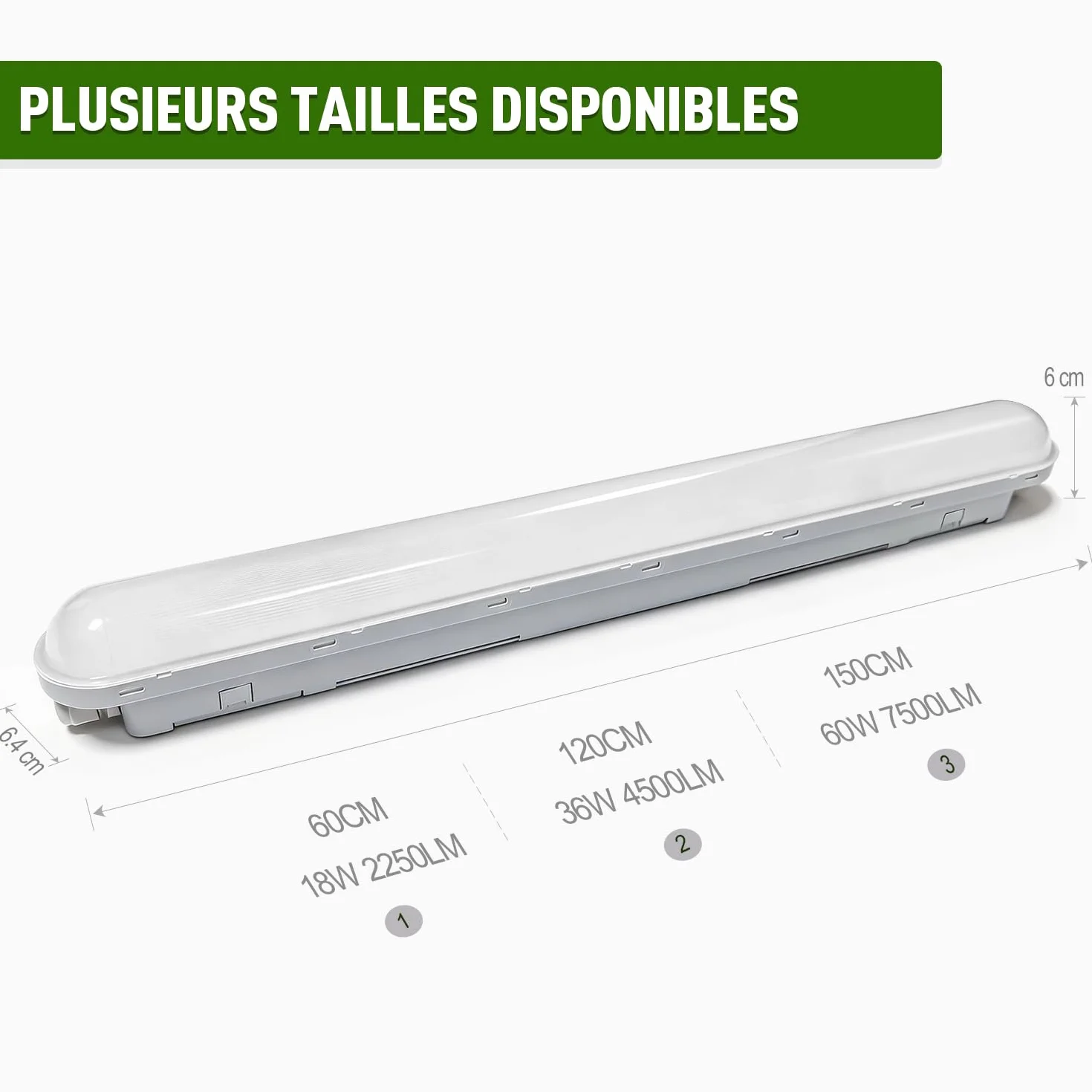 Réglette LED IP65 Connectable 60W 7500LM 6000K Blanc Froid 150cm Tonffi Luminaire Étanche pour Garage