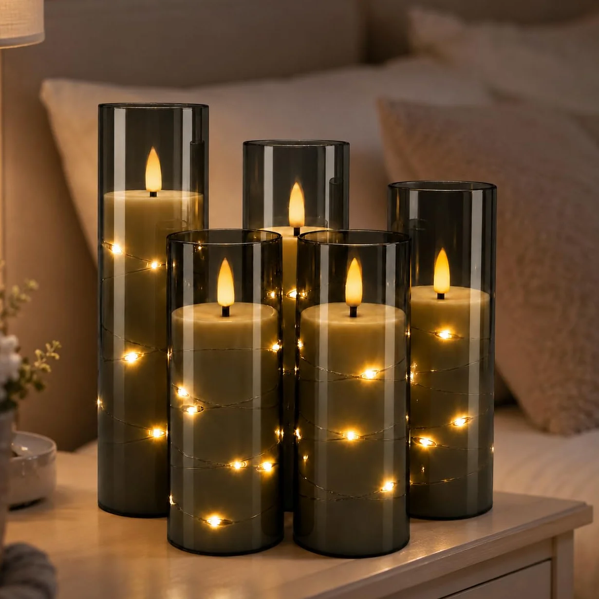 Bougies LED Grises Transparentes Guirlande Lumineuse Flamme Scintillante Réaliste Télécommande Incluse Effet Verre Plastique Réutilisable Écologique