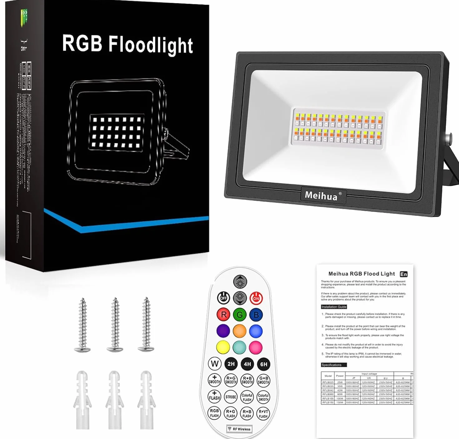 MEIHUA Projecteur RGB Exterieur 35W IP66 Étanche Spot LED 12 Modes 10 Couleurs 360° RF Telecommande