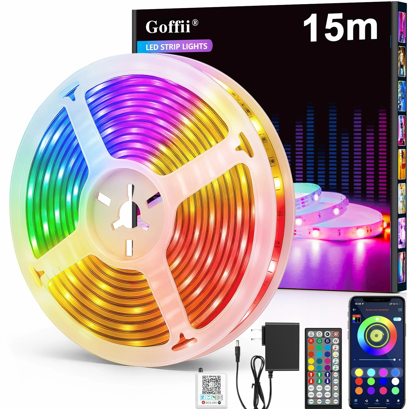 Goffii Bande LED RGB avec Bluetooth et Télécommande 44 Touches, Synchronisation Musicale, Décoration Pièce Jeux (15 mètres)