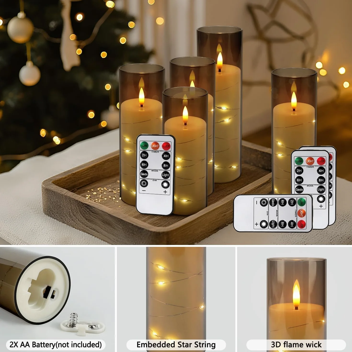 LIVEN Lot de 12 bougies piliers LED sans flamme vacillante avec mèche réaliste D 2,2 x H 12,7-17,8 cm Gris