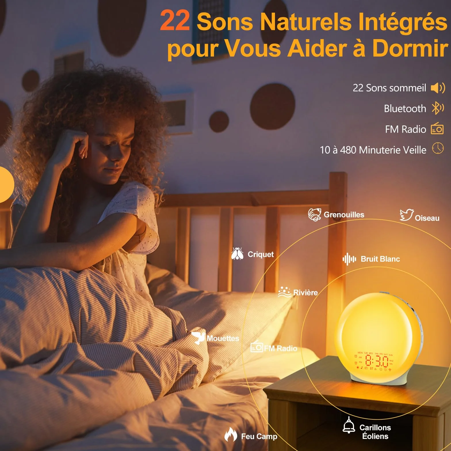 Réveil Lumière Bluetooth Radio Eveil Matin Lampe de Chevet 20 Niveaux Luminosité Simulateur Aube Crépuscule 2 Réveils 22 Sons Naturels Fonction Snooze 17 Couleurs Veilleuse